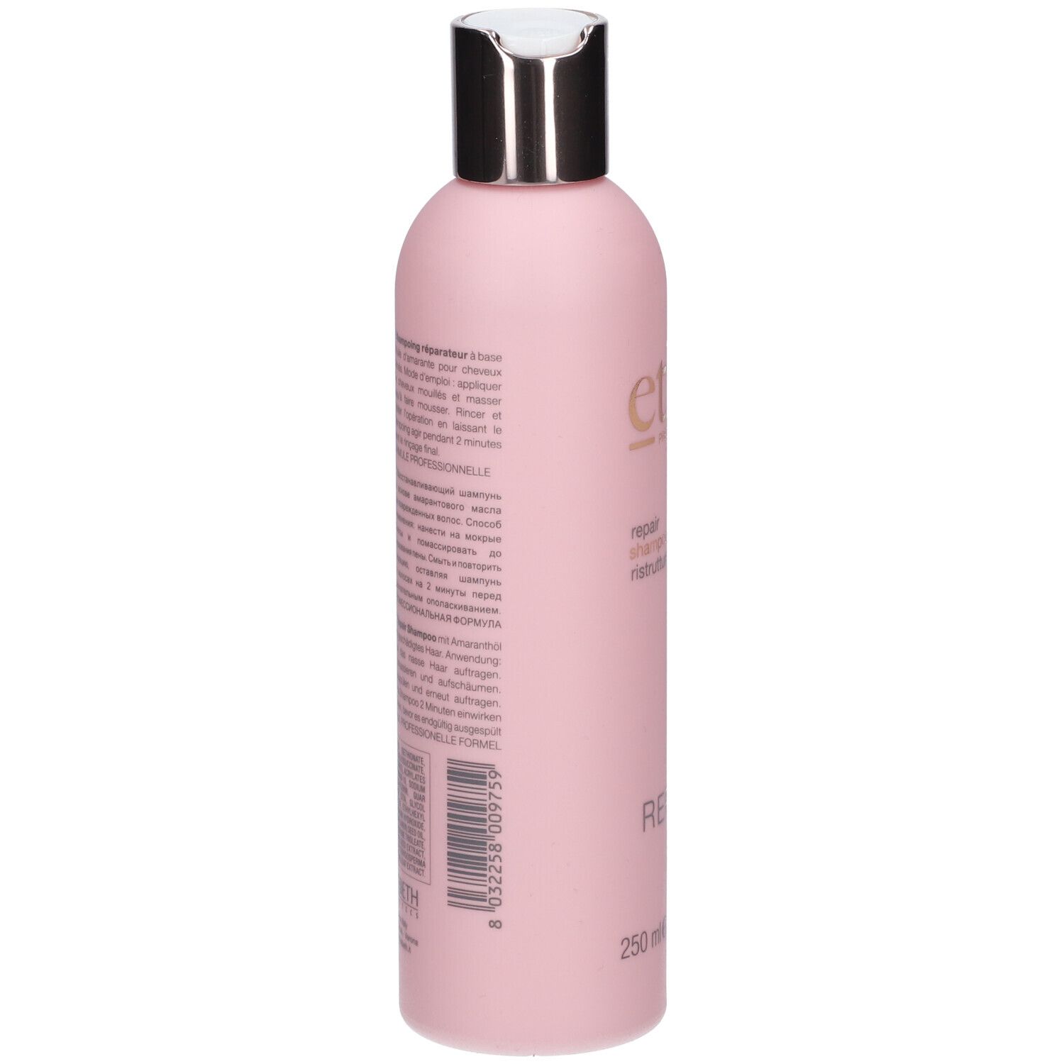 Rückseite einer rosa Flasche mit Text. Enthält Informationen zum Produkt und Inhaltsstoffe.