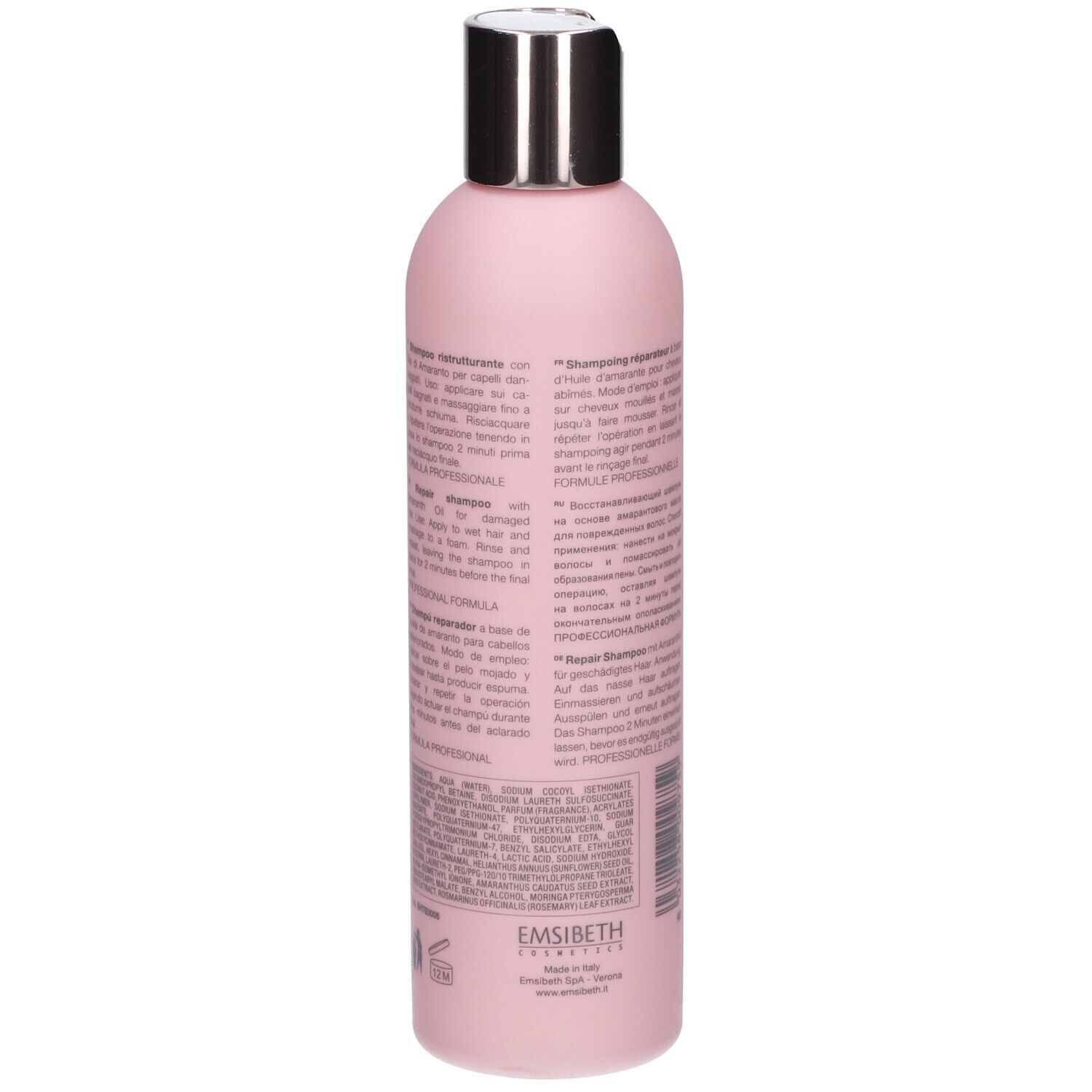 Rückseite einer rosa Flasche mit Text. Enthält Informationen zum Produkt und Inhaltsstoffe.