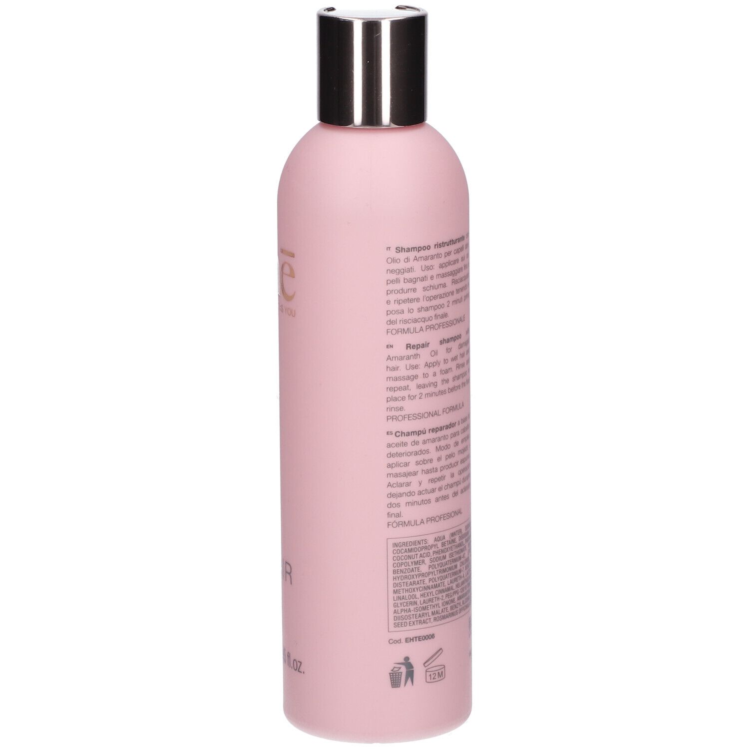 Rückseite einer rosa Flasche mit Text. Enthält Informationen zum Produkt und Inhaltsstoffe.