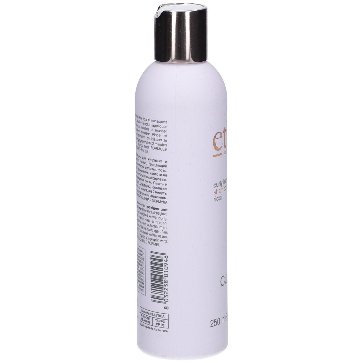 Weiße Flasche, silberner Deckel. Text auf der Rückseite: Inhaltsstoffe, Anwendungshinweise. Barcode.