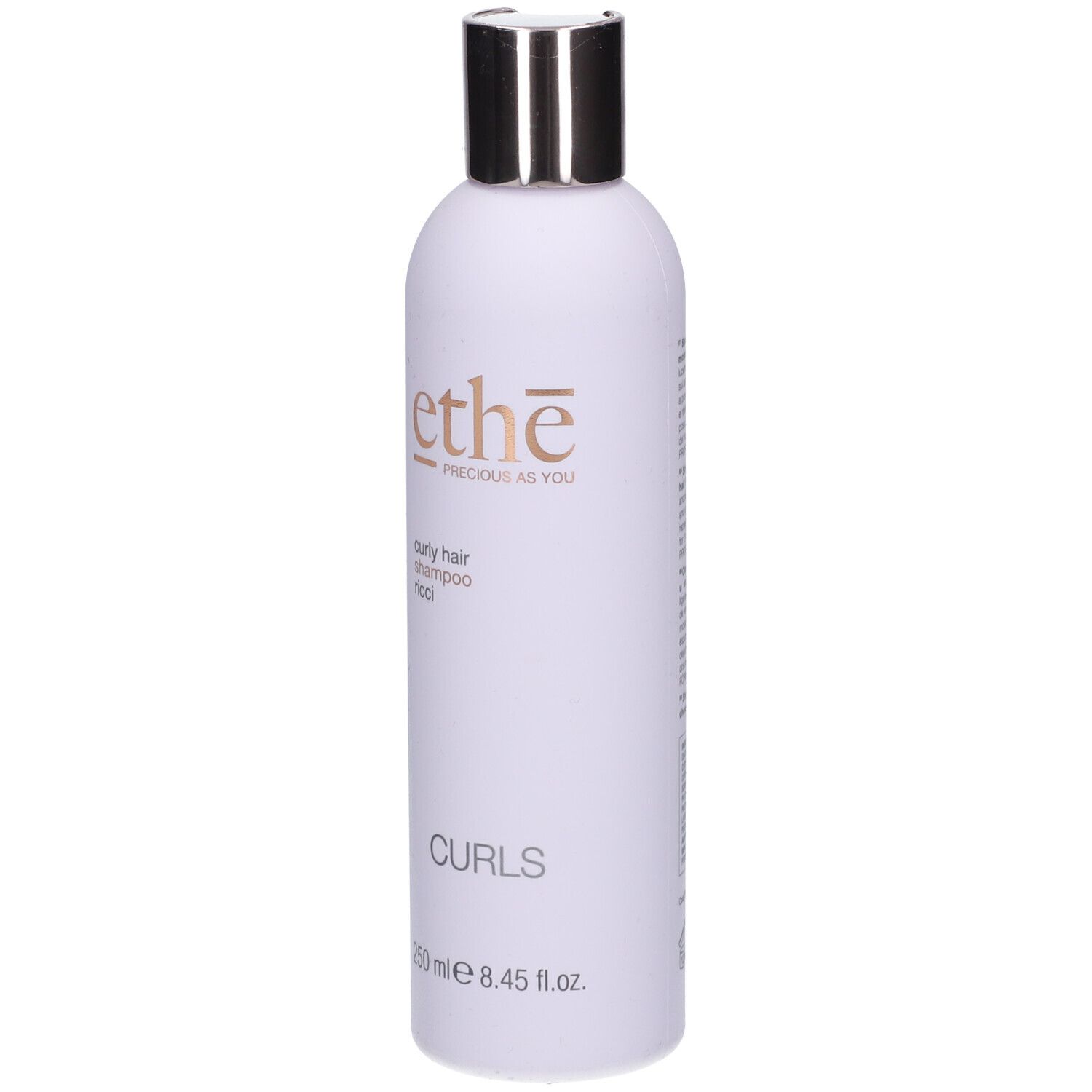 Weiße Flasche mit silbernem Deckel. Aufschrift: ethe, curly hair shampoo, Curls. 250 ml.