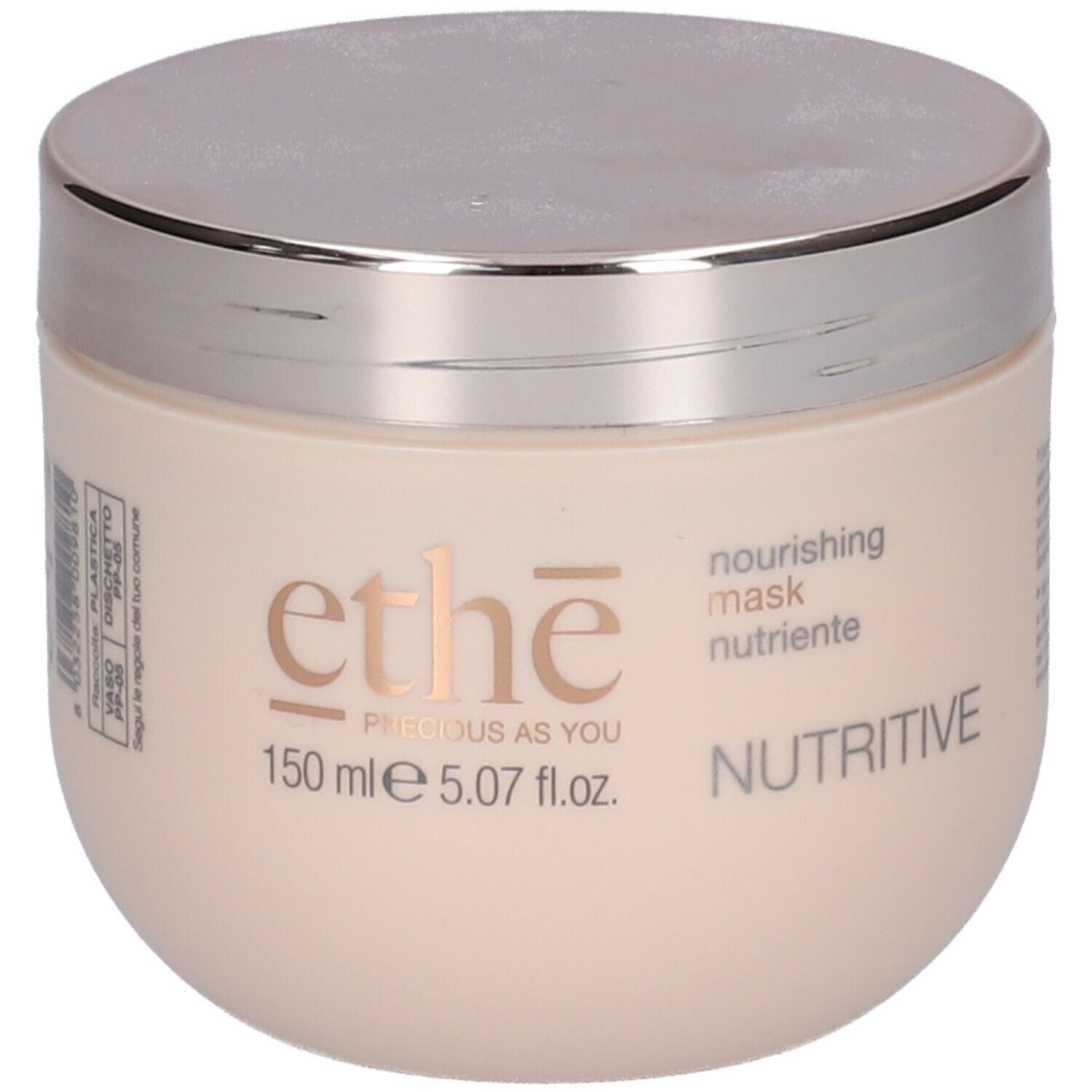 Beige Tiegel mit silbernem Deckel. Aufschrift "ethe PRECIOUS AS YOU", "nourishing mask nutriente" und "150 ml 5.07 fl.oz.".