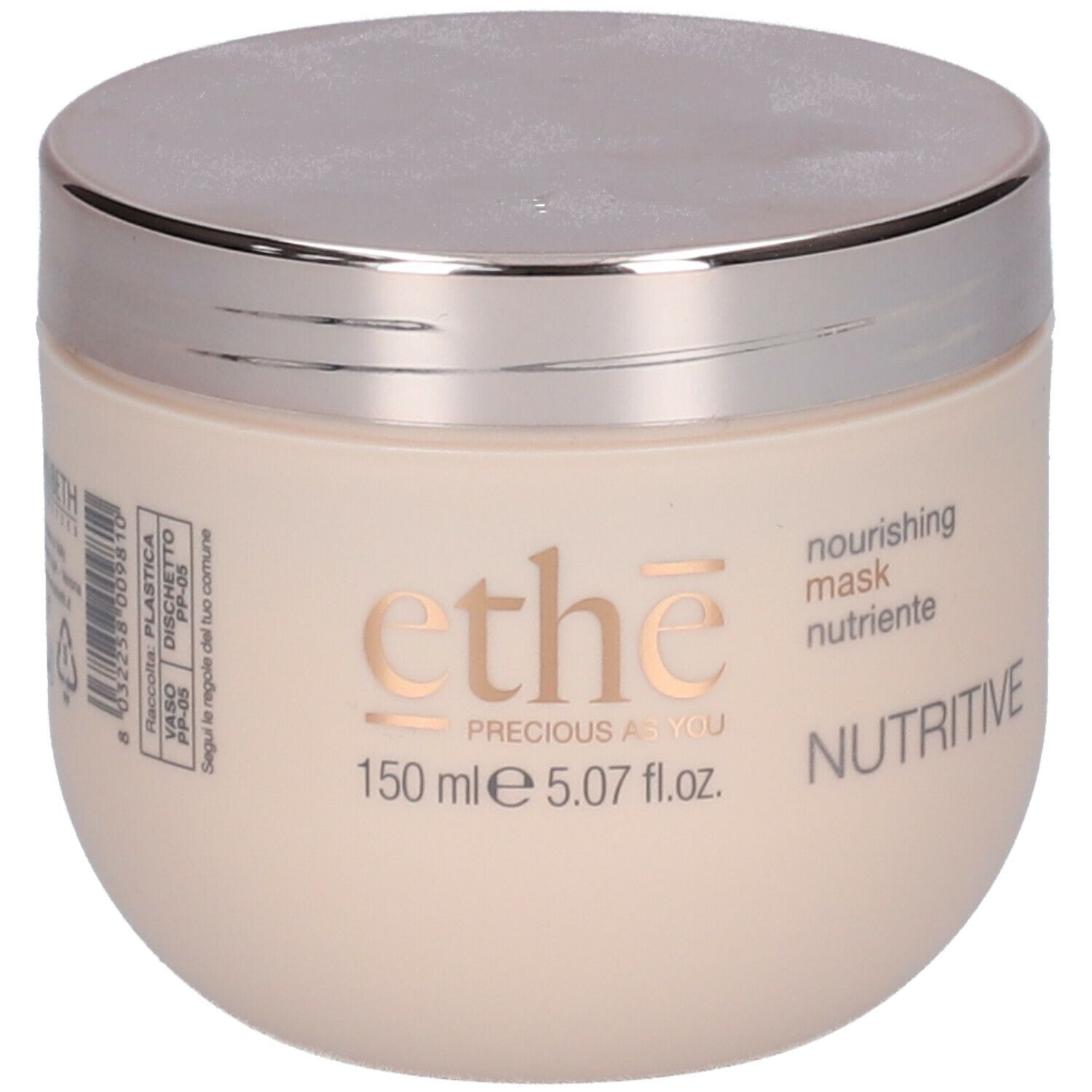 Beige Tiegel mit silbernem Deckel. Aufschrift "ethe PRECIOUS AS YOU", "nourishing mask nutriente" und "150 ml 5.07 fl.oz.".