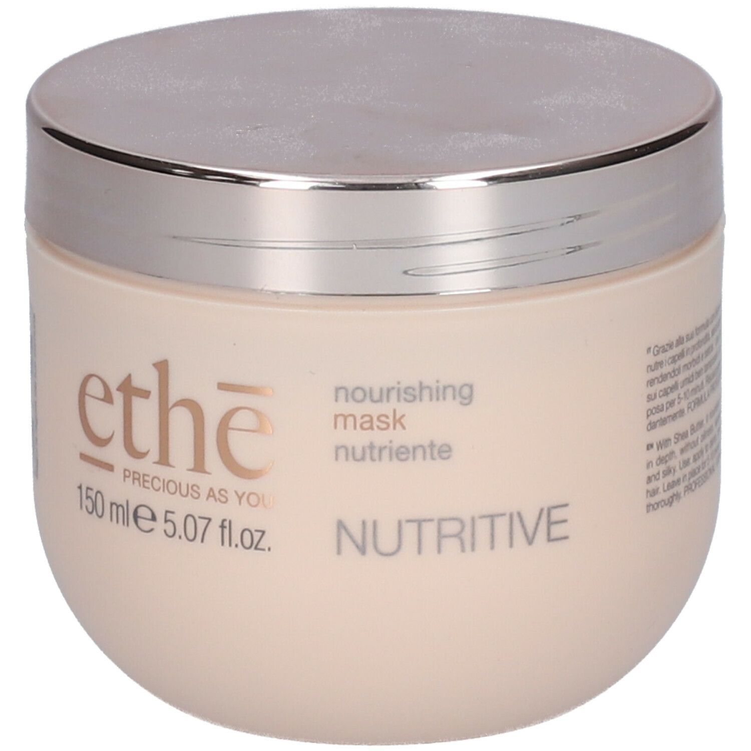 Beige Tiegel mit silbernem Deckel. Aufschrift "ethe PRECIOUS AS YOU", "nourishing mask nutriente" und "150 ml 5.07 fl.oz.".