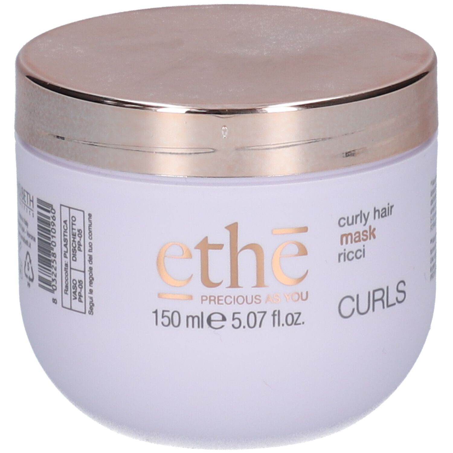 Witte pot met gouden deksel. Opschrift: ethe, curly hair mask ricci, 150 ml, Precious as you.