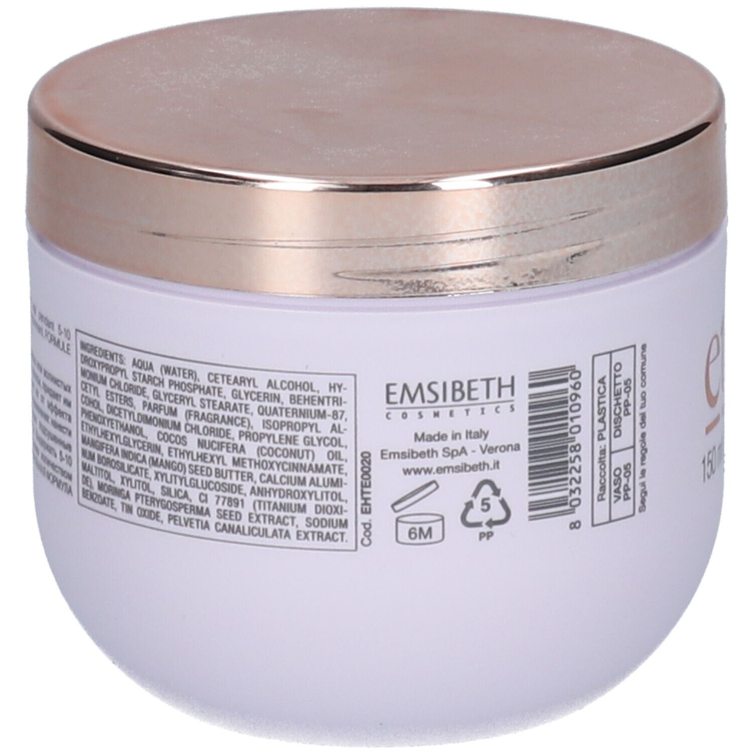 Witte pot met gouden deksel. Achterkant met ingrediënten en fabrikantinfo.