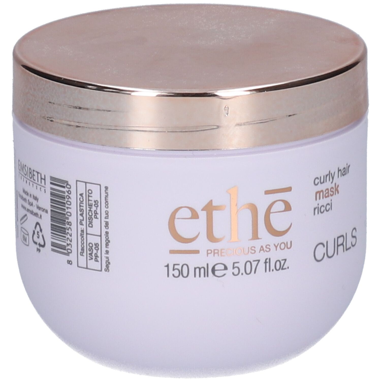 Witte pot met gouden deksel. Opschrift: ethe, curly hair mask ricci, 150 ml, Precious as you.