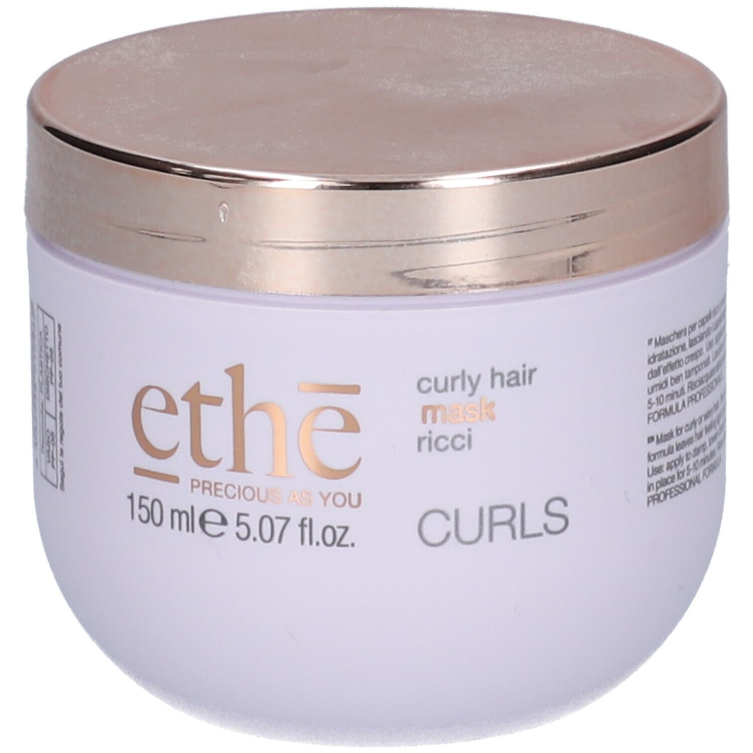 Witte pot met gouden deksel. Opschrift: ethe, curly hair mask ricci, 150 ml, Precious as you.