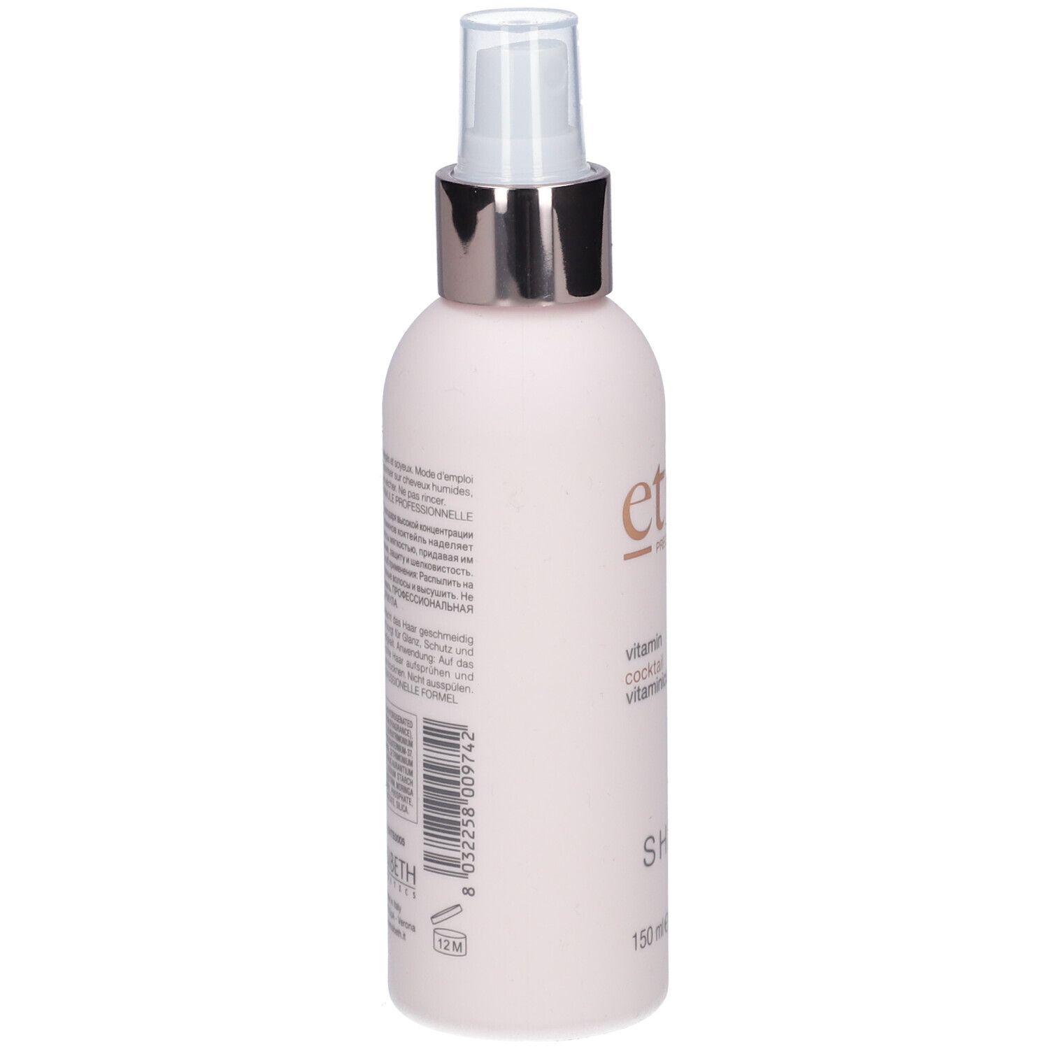 Rosa Flasche mit Sprühkopf. Aufschrift: ethe, SHINE. Barcode und Text auf der Rückseite.