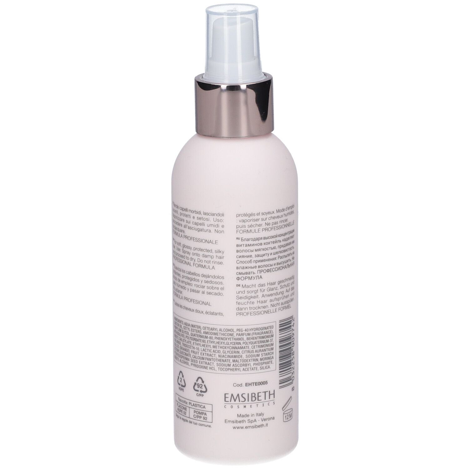 Rückseite einer rosa Flasche mit Sprühkopf. Text und Logos. Hergestellt in Italien.