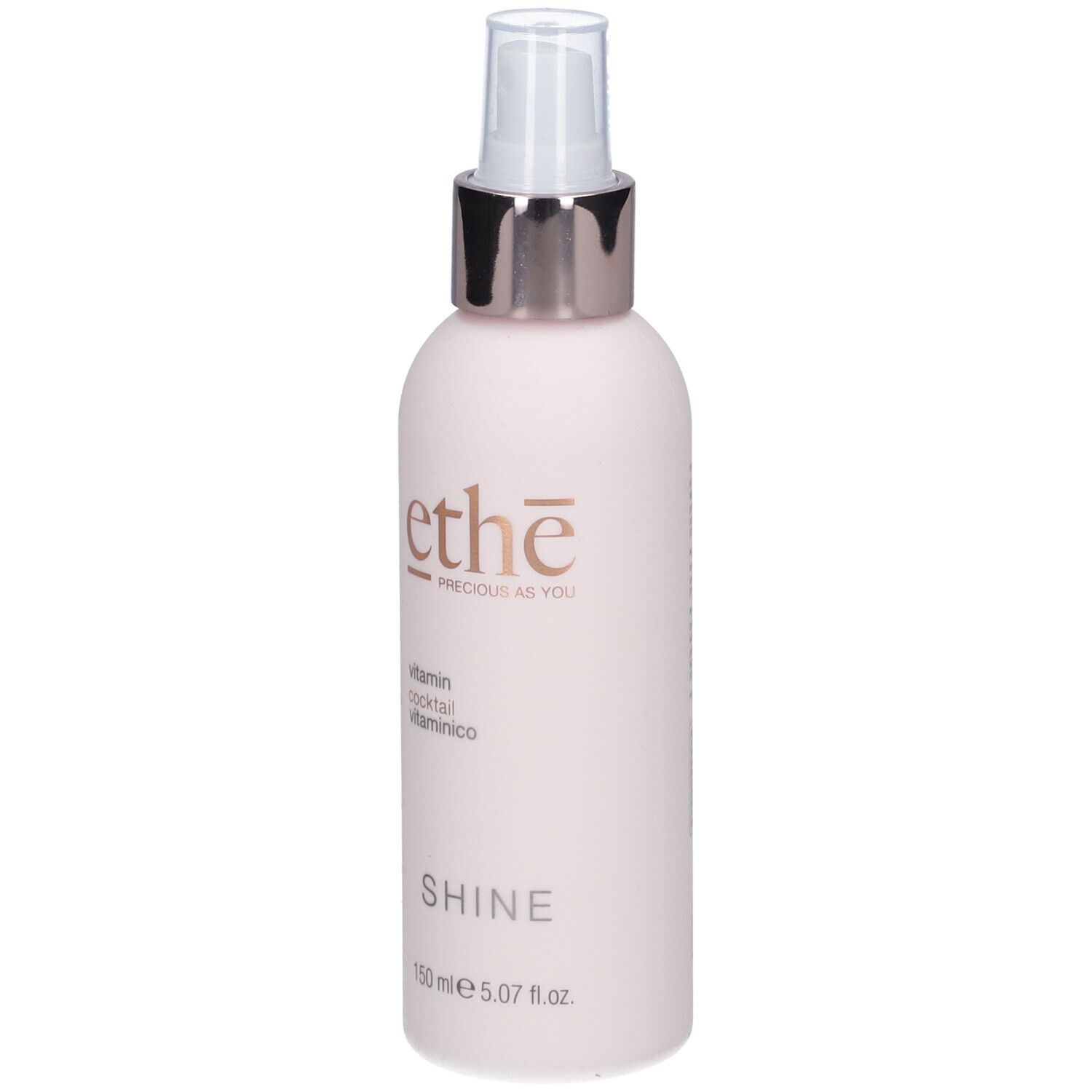 Rosa Flasche mit Sprühkopf. Aufschrift: ethe, vitamin cocktail, SHINE. Volumen: 150 ml.