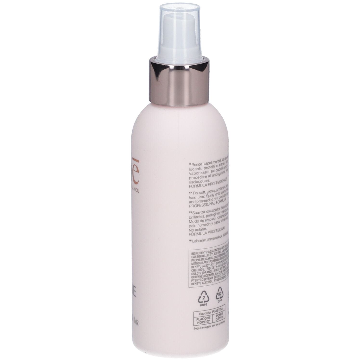 Rückseite einer rosa Flasche mit Sprühkopf. Text und Logos. Hergestellt in Italien.