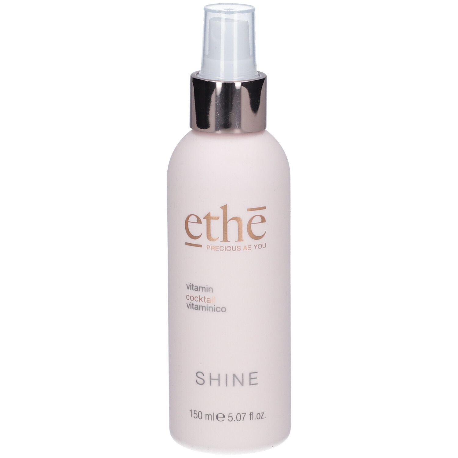 Rosa Flasche mit Sprühkopf. Aufschrift: ethe, vitamin cocktail, SHINE. Volumen: 150 ml.