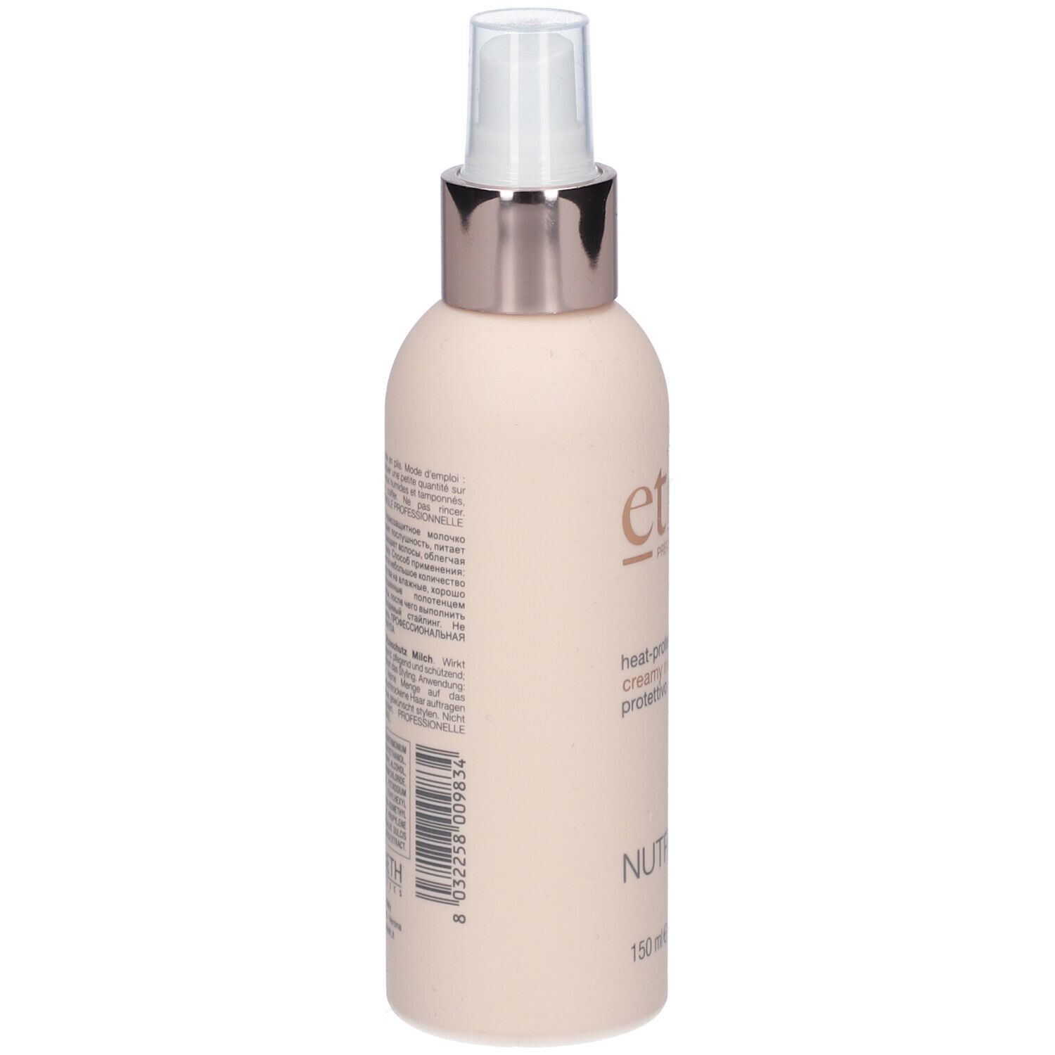 Beige Flasche, Rückseite. Text in mehreren Sprachen. Aufschrift: ethè, Nutritive, heat-protection creamy milk protettivo. 150 ml.