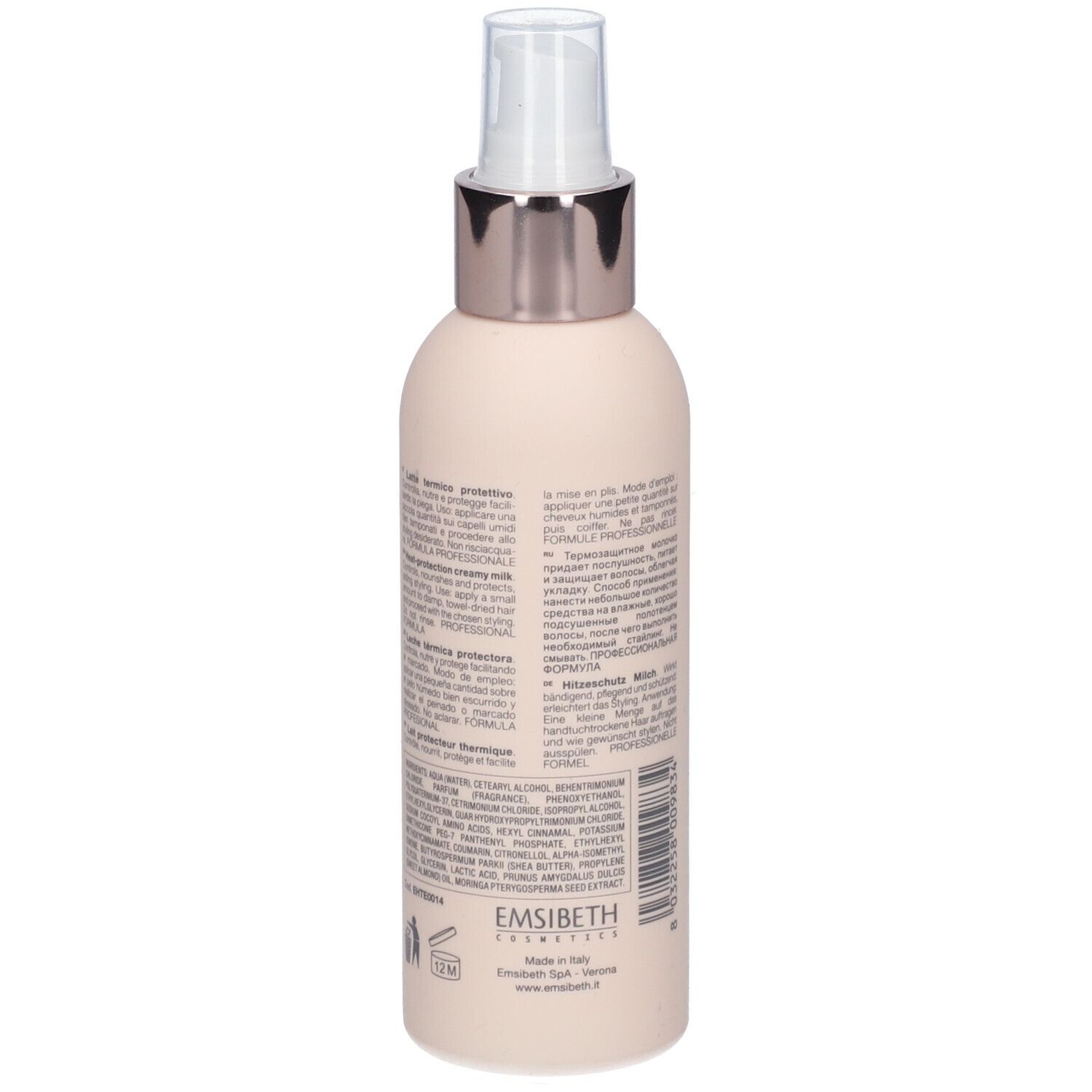 Beige Flasche, Rückseite. Text in mehreren Sprachen. Marke: Emsibeth Cosmetics. Aufschrift: Nutritive, heat-protection creamy milk protettivo.