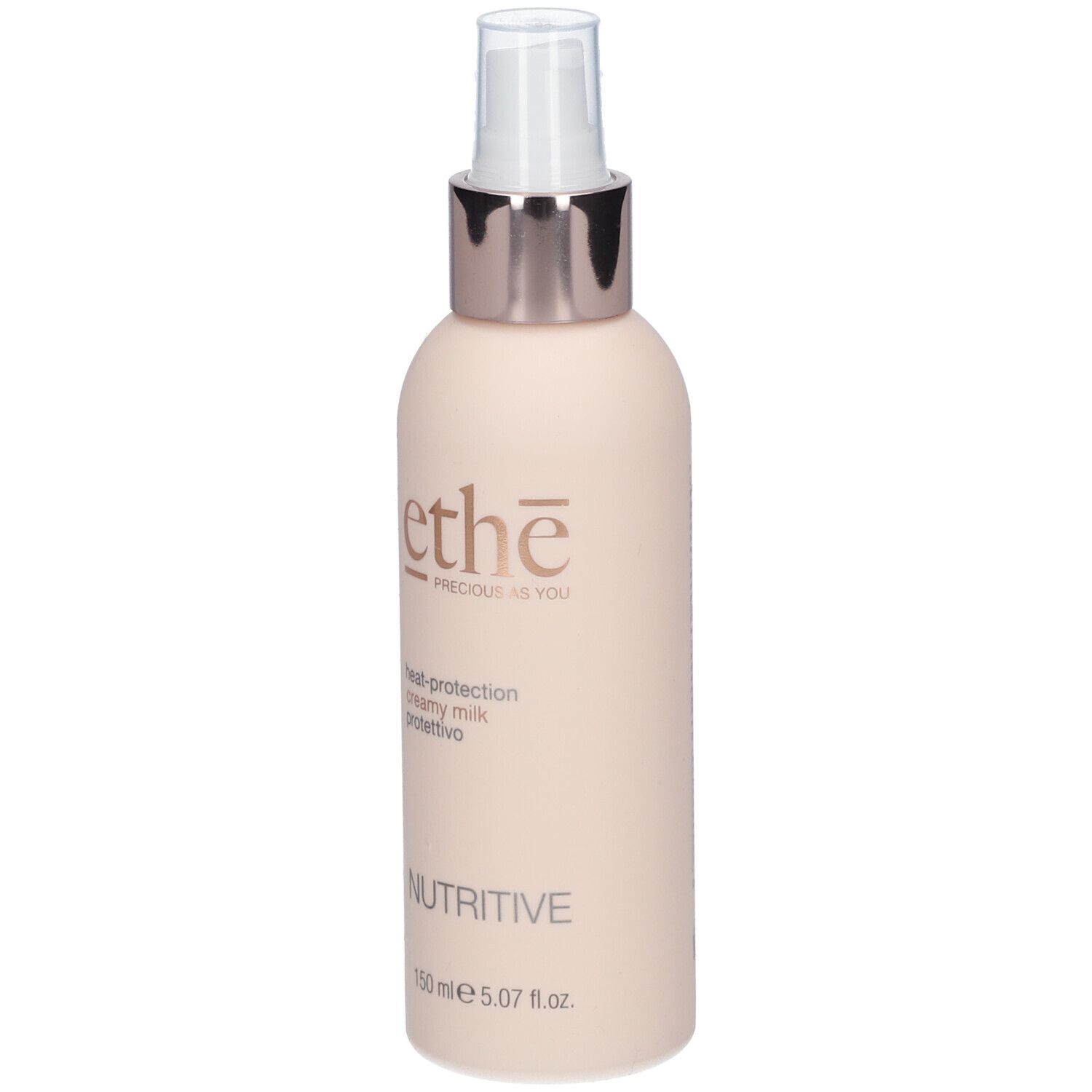 Beige Flasche mit Sprühkopf. Aufschrift: ethè, Nutritive, heat-protection creamy milk protettivo. 150 ml.