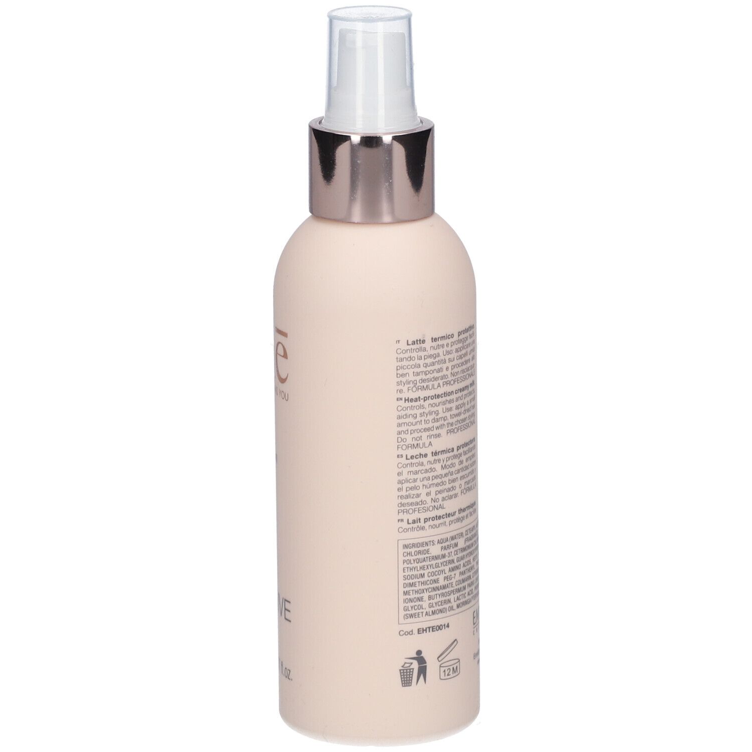 Beige Flasche, Rückseite. Text in mehreren Sprachen. Aufschrift: ethè, Nutritive, heat-protection creamy milk protettivo. 150 ml.