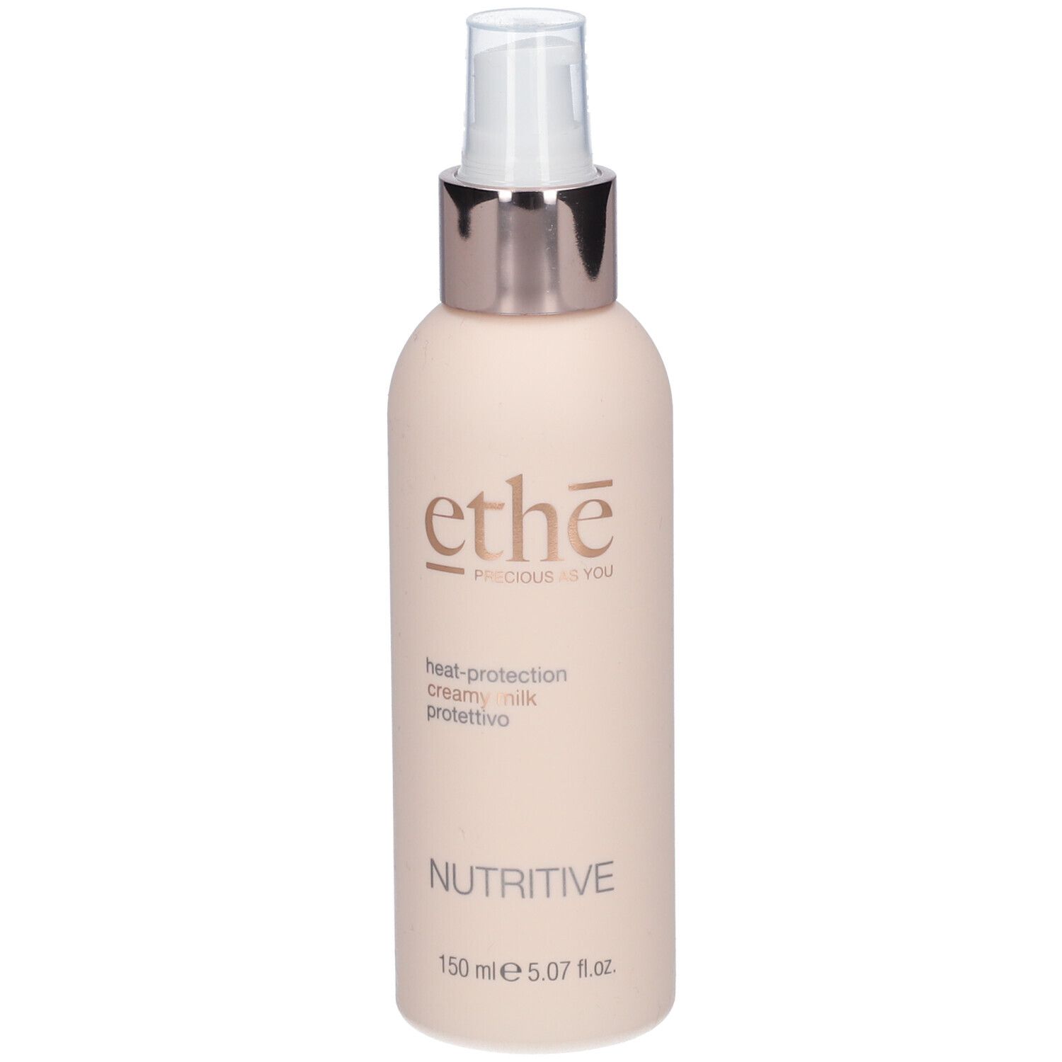 Beige Flasche mit Sprühkopf. Aufschrift: ethè, Nutritive, heat-protection creamy milk protettivo. 150 ml.