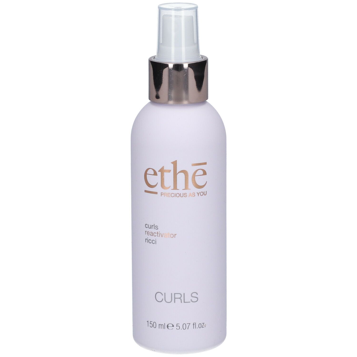 Flasche mit Sprühkopf. Aufschrift: ethe, curls reactivator ricci, Curls, 150 ml.