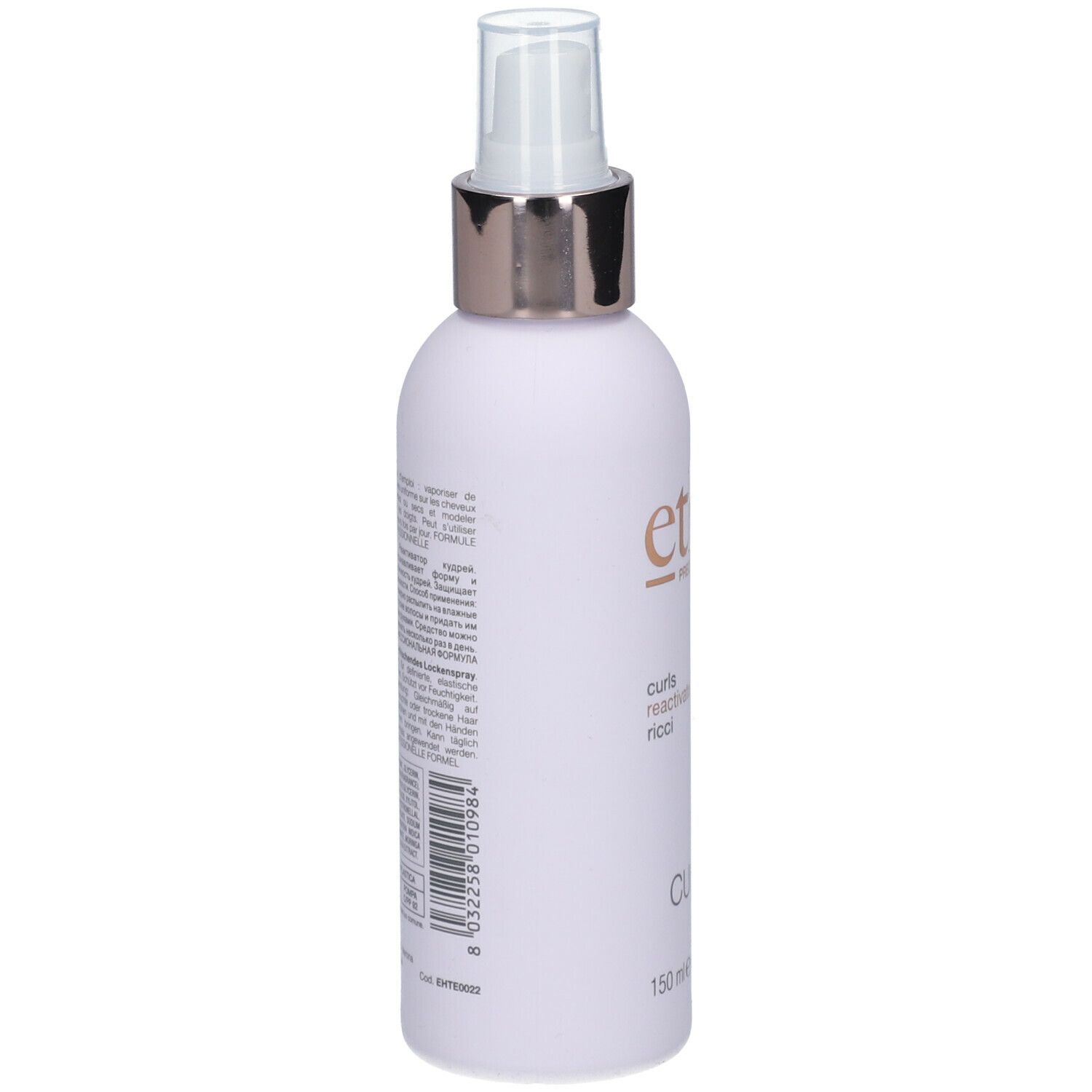Flasche mit Sprühkopf. Aufschrift: ethe, curls reactivator ricci, Curls, 150 ml. Rückseite mit Text.