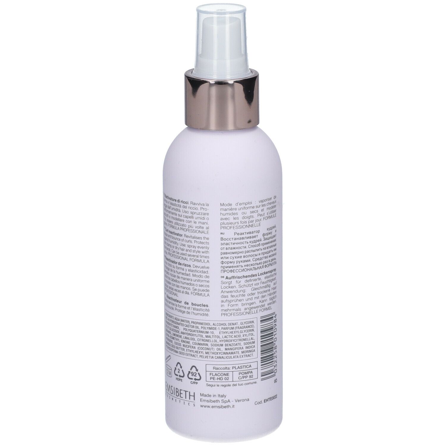 Flasche mit Sprühkopf. Aufschrift: ethe, curls reactivator ricci, Curls, 150 ml. Rückseite mit Text.