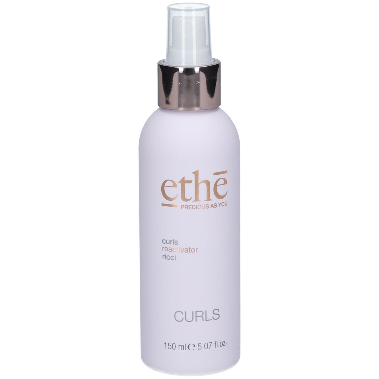 Flasche mit Sprühkopf. Aufschrift: ethe, curls reactivator ricci, Curls, 150 ml.
