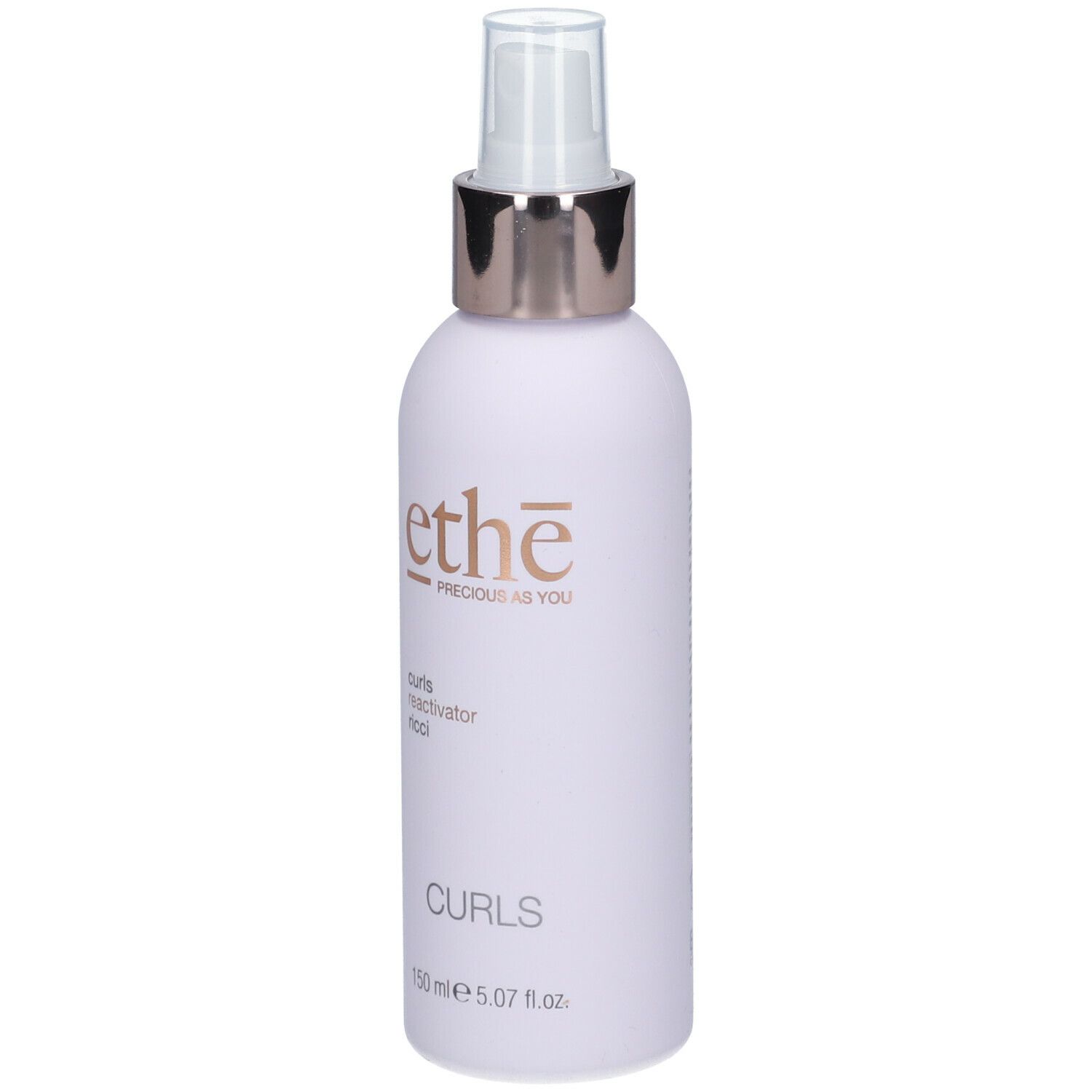 Flasche mit Sprühkopf. Aufschrift: ethe, curls reactivator ricci, Curls, 150 ml.