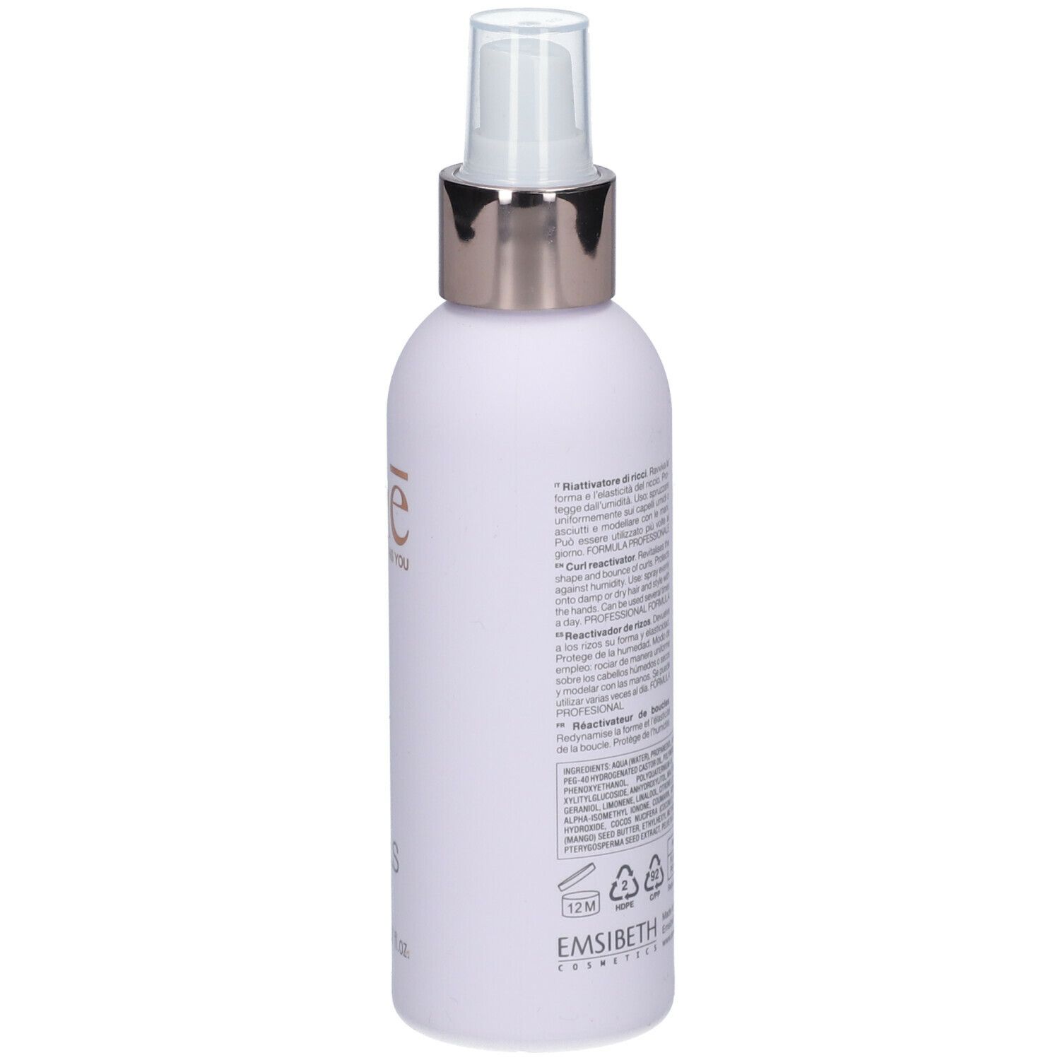 Flasche mit Sprühkopf. Aufschrift: ethe, curls reactivator ricci, Curls, 150 ml. Rückseite mit Text.