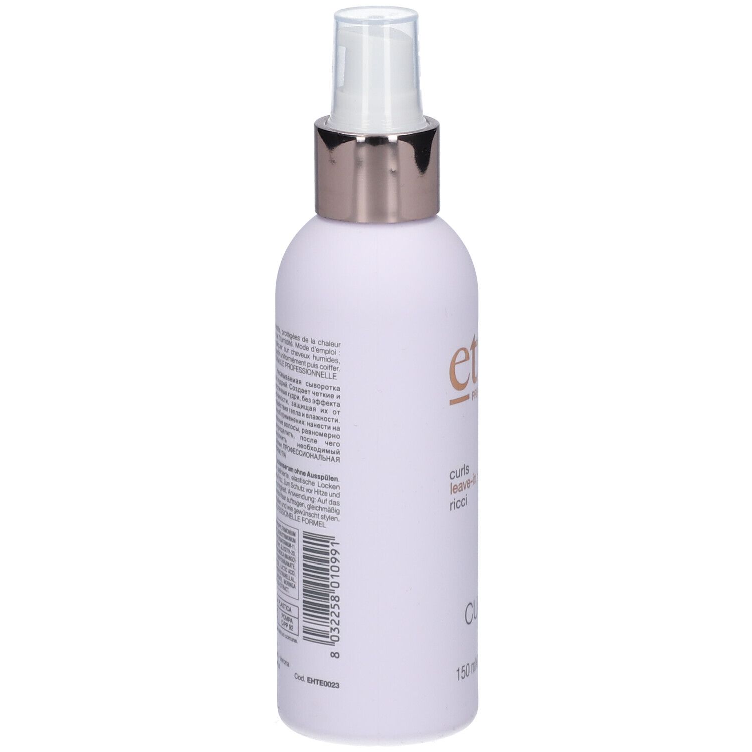 Flasche mit Zerstäuber. Rückseite mit Text und Barcode. Aufschrift: ethe, 150 ml.