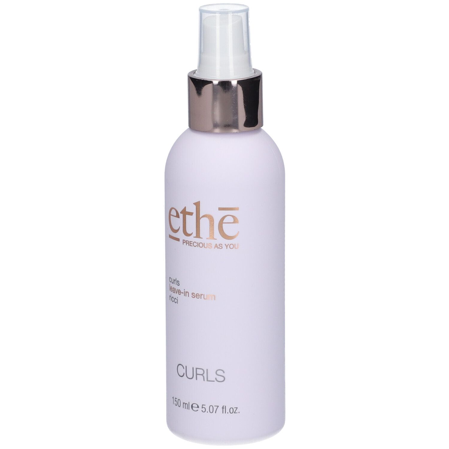 Flasche mit Zerstäuber. Aufschrift: ethe, curls leave-in serum ricci, 150 ml.