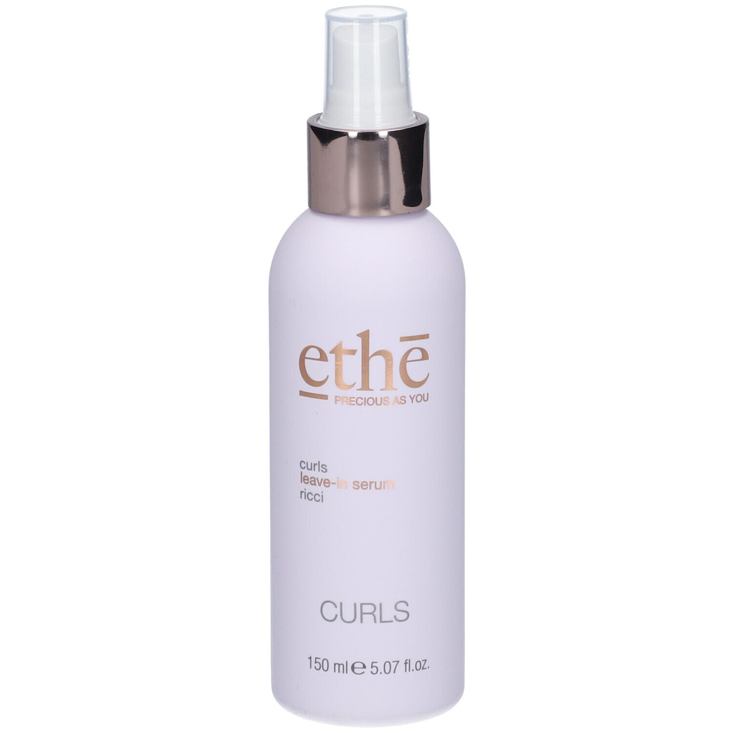 Flasche mit Zerstäuber. Aufschrift: ethe, curls leave-in serum ricci, 150 ml.