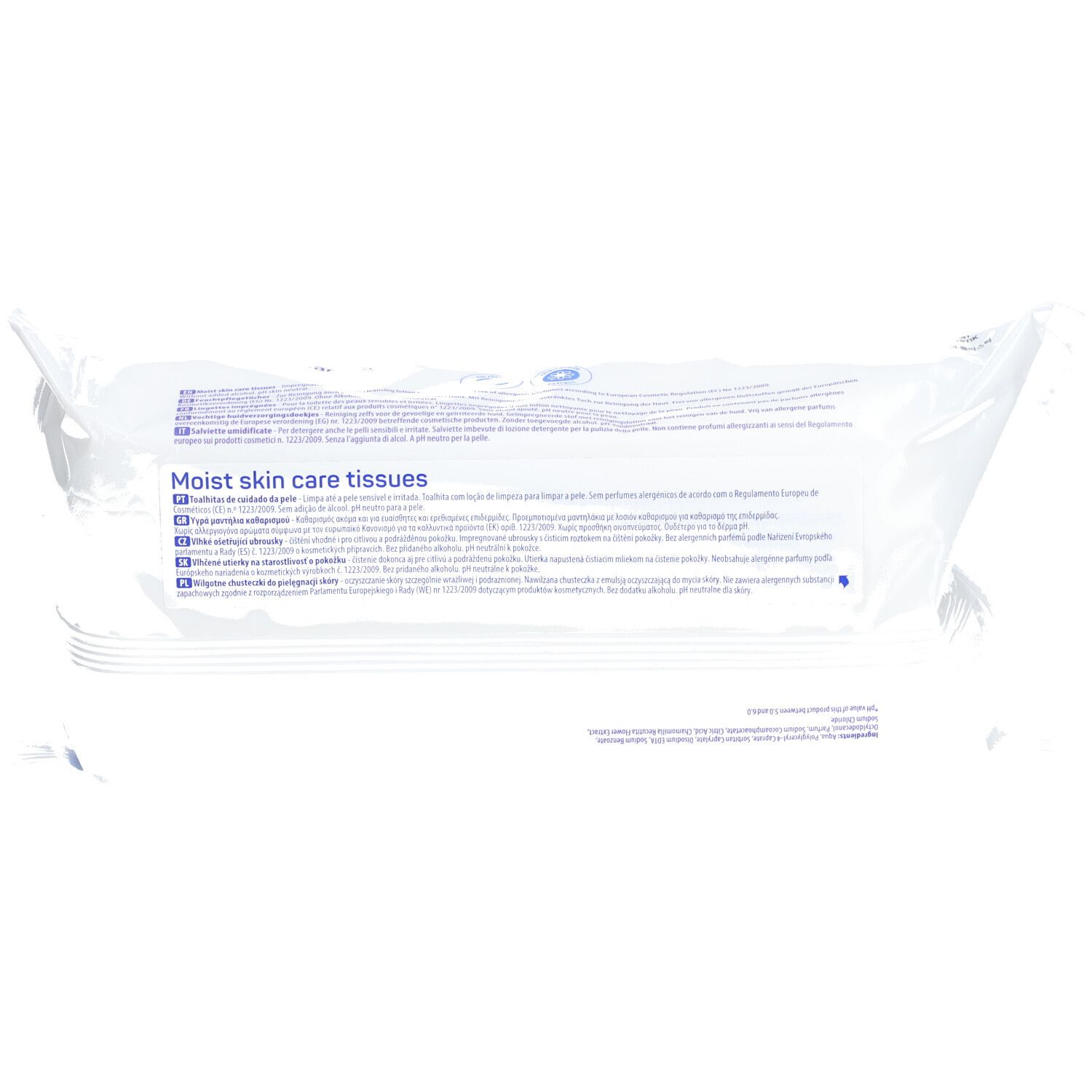 Verpackung von feuchten Hautpflegetüchern.