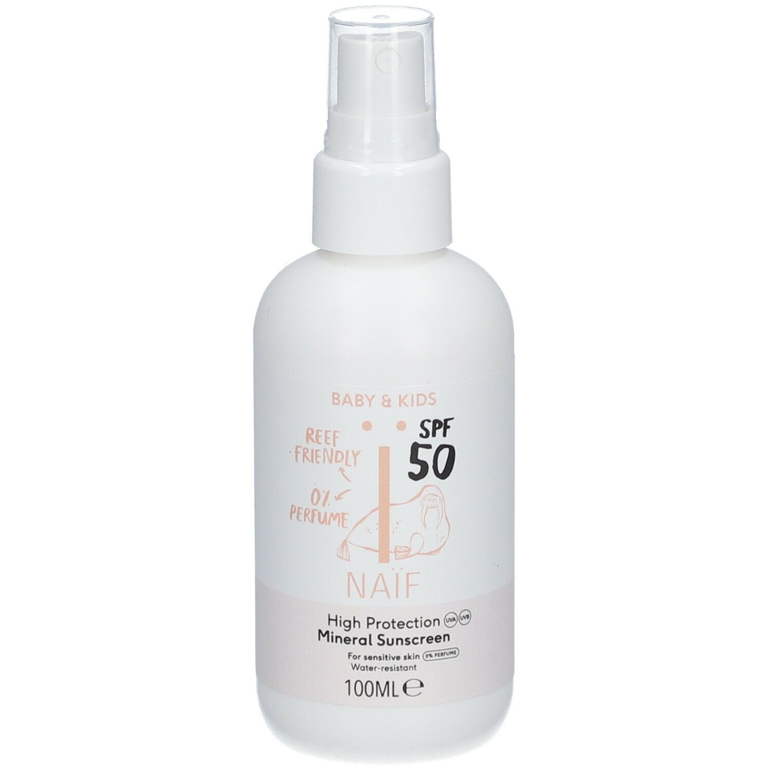 Weiße Sprühflasche mit Aufschrift NAÏF, Baby & Kids, LSF 50. Reef Friendly, 0% Parfüm. Für empfindliche Haut. 100ml.