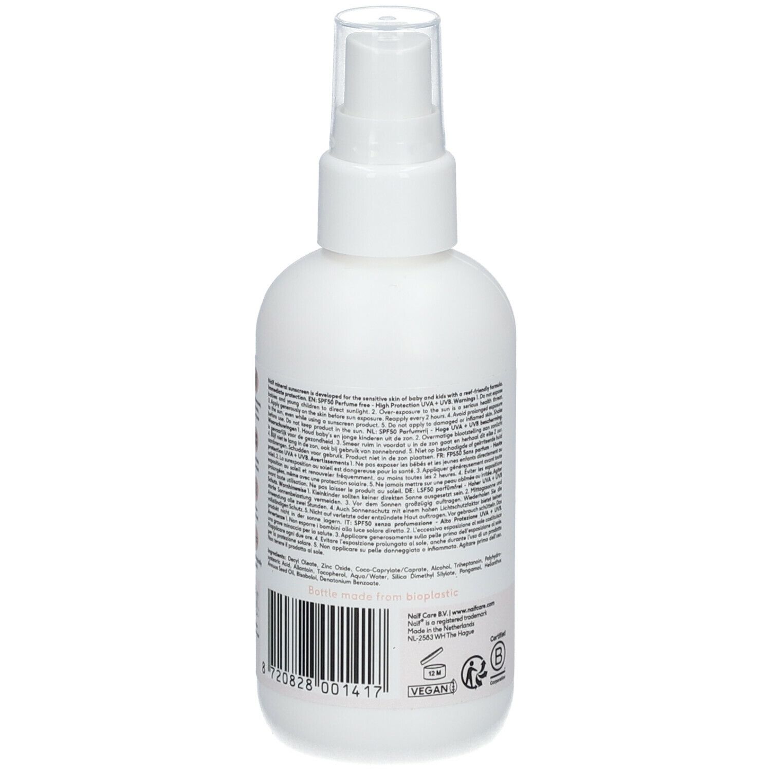 Rückseite der weißen Sprühflasche. Text mit Inhaltsstoffen und Informationen. Vegan-Siegel und B-Corp-Zertifizierung.