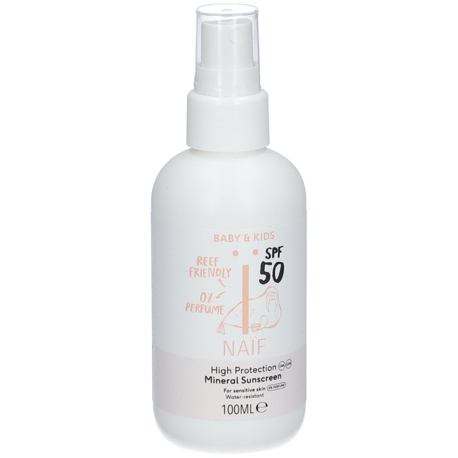 Weiße Sprühflasche mit Aufschrift NAÏF, Baby & Kids, LSF 50. Reef Friendly, 0% Parfüm. Für empfindliche Haut. 100ml.