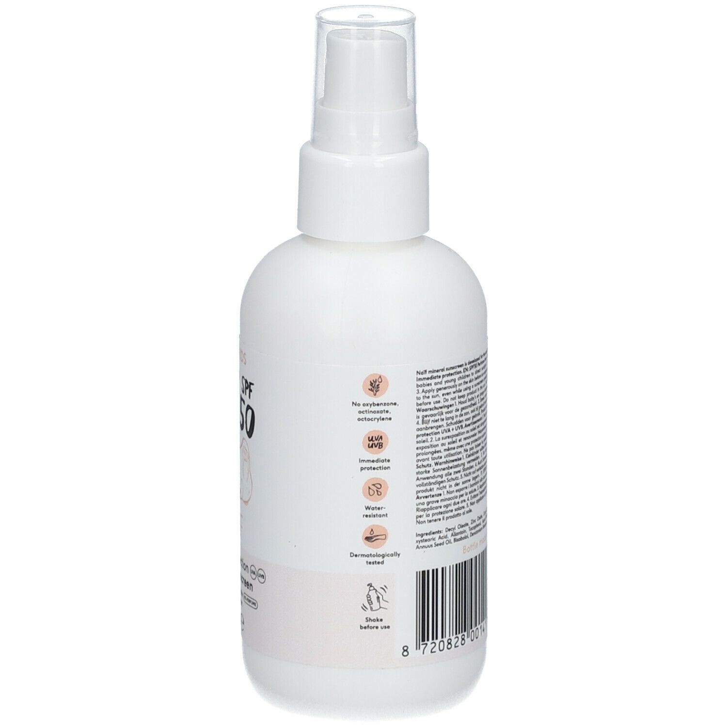 Rückseite der weißen Sprühflasche. Text mit Informationen. Vegan-Siegel und Dermatologisch getestet.