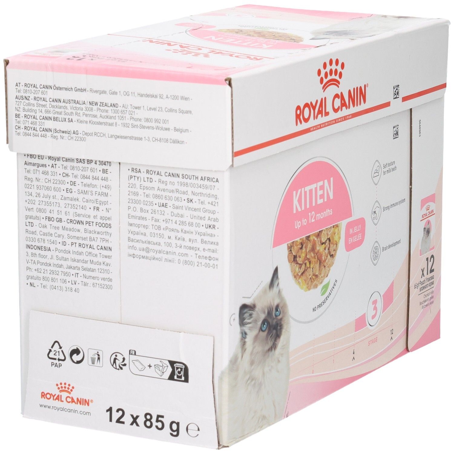 Rückseite Royal Canin Kitten Multipack: Adressliste, Recycling-Infos und 12x 85g Hinweis.