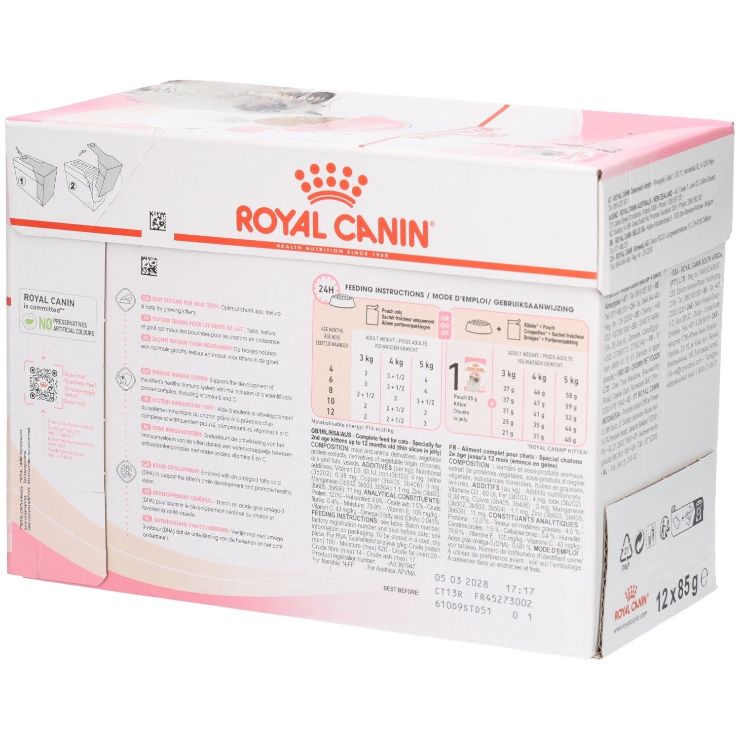 Rückseite Royal Canin Kitten Multipack: Fütterungsempfehlungen und Inhaltsstoffe.