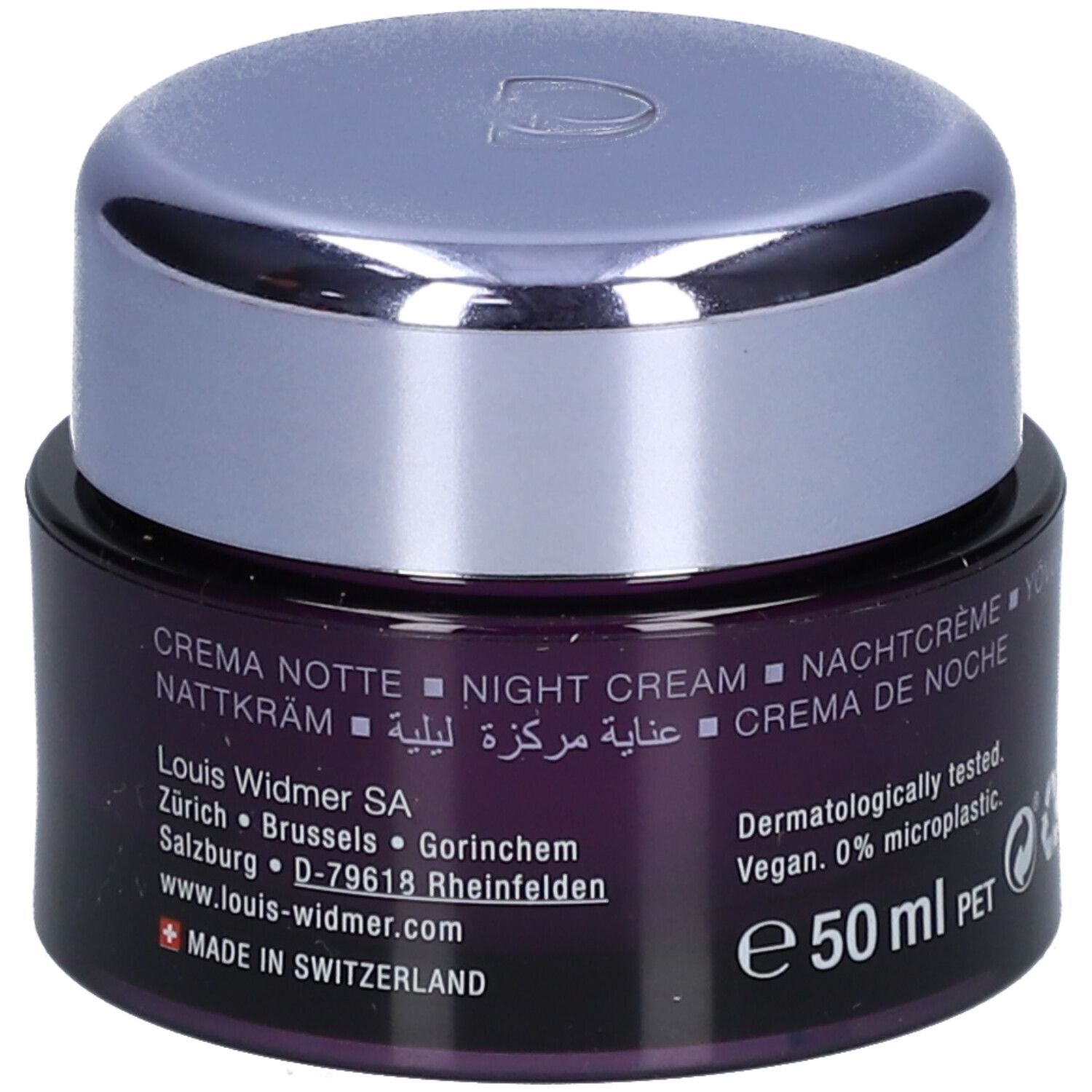 Dunkelviolettes Tiegel mit silbernem Deckel. Aufschrift: Louis Widmer, Swiss Dermatologica, Creme Notte, Night Cream, 50 ml.