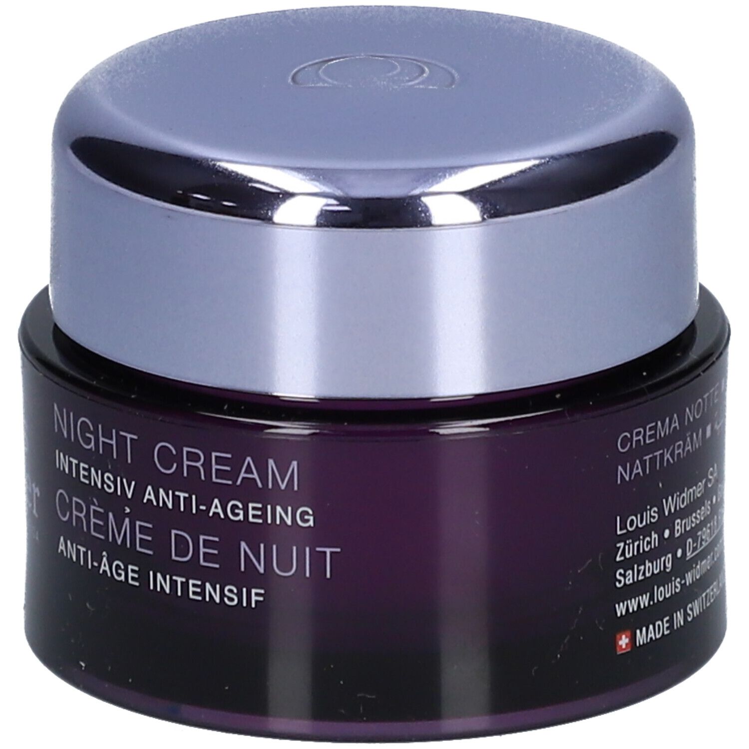 Dunkelviolettes Tiegel mit silbernem Deckel. Aufschrift: Louis Widmer, Swiss Dermatologica, Night Cream, Anti-Ageing, Crème de Nuit.