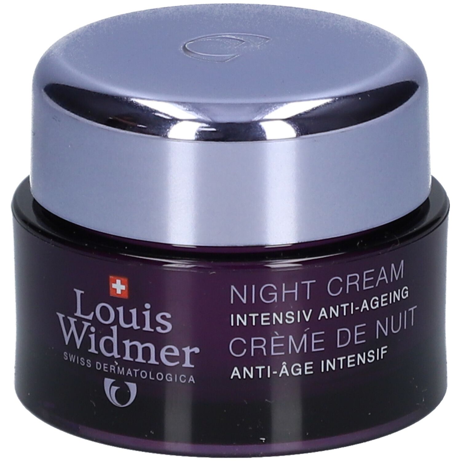 Dunkelviolettes Tiegel mit silbernem Deckel. Aufschrift: Louis Widmer, Swiss Dermatologica, Night Cream, Crème de Nuit, Anti-Age Intensiv.