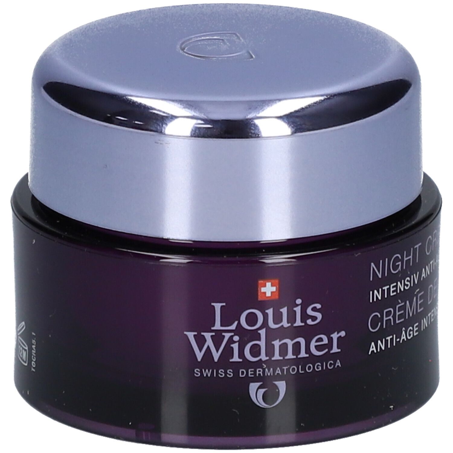 Dunkelviolettes Tiegel mit silbernem Deckel. Aufschrift: Louis Widmer, Swiss Dermatologica, Night Cream, Crème de Nuit, Anti-Age Intensiv.