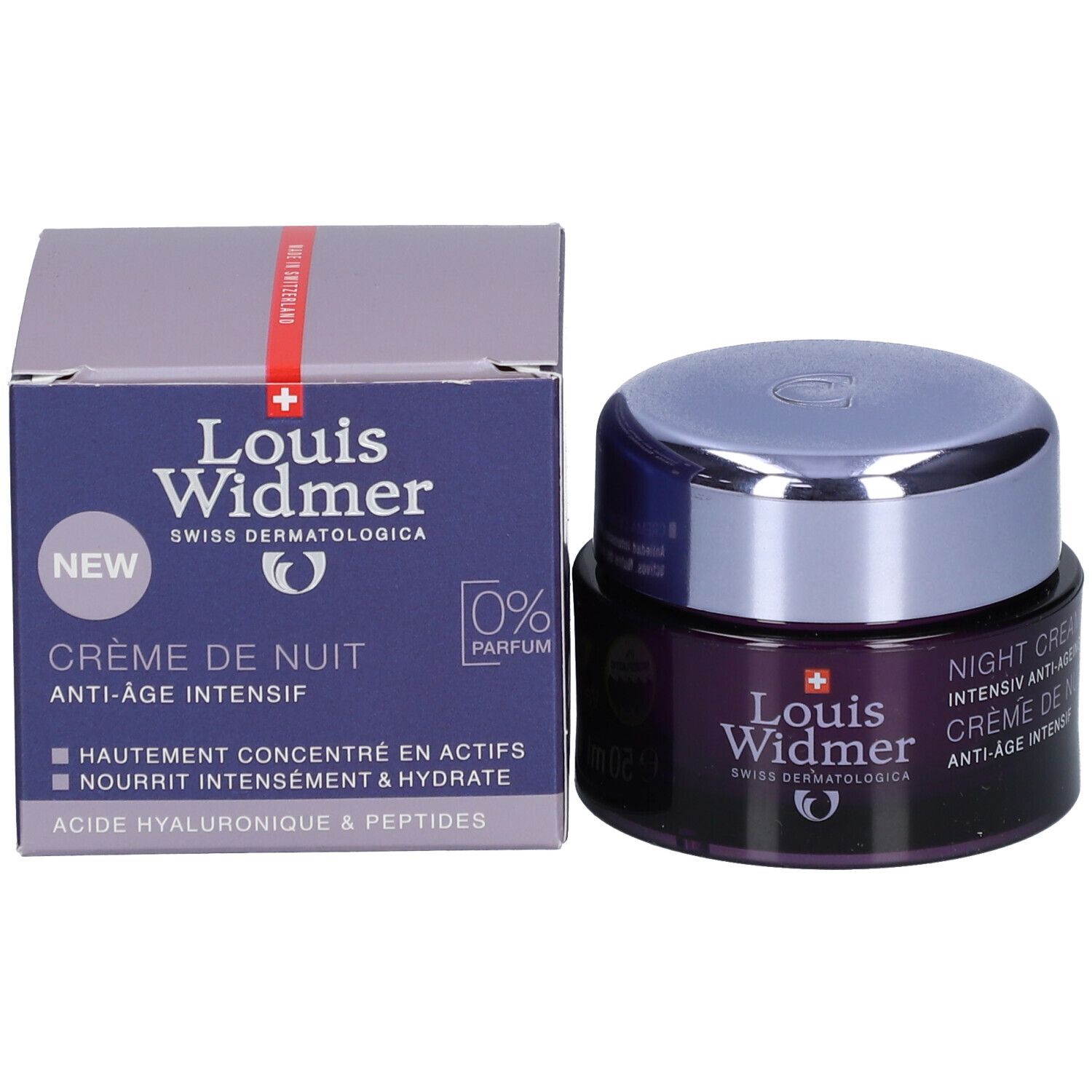 Produktverpackung und Tiegel. Verpackung: blau, weiß, rot. Aufschrift: Louis Widmer, Crème de Nuit, 0% Parfum. Tiegel: dunkelviolett, silberner Deckel.
