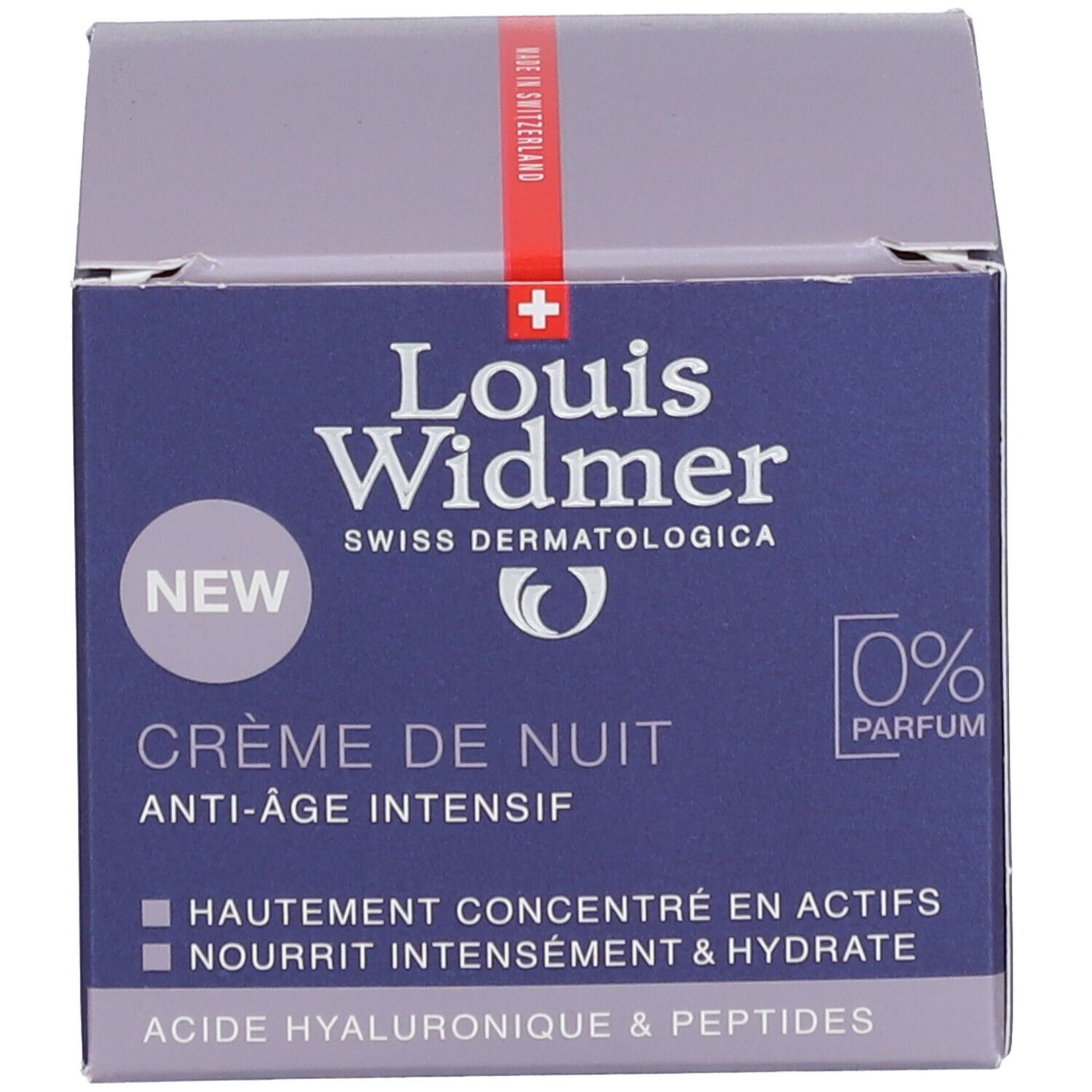 Produktverpackung. Blau, weiß, rot. Aufschrift: Louis Widmer, Crème de Nuit, Anti-âge intensif, 0% Parfum, NEW.