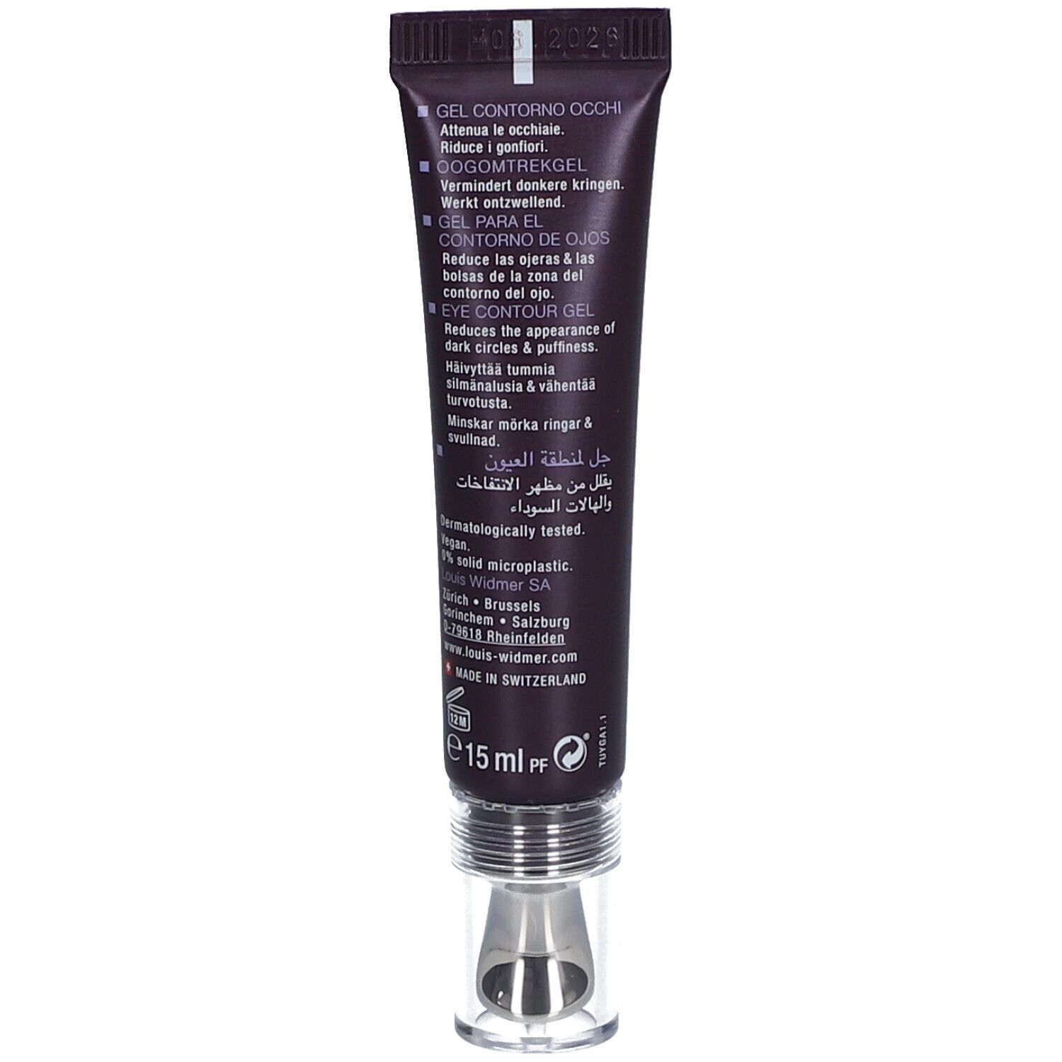 Dos du tube de gel pour les yeux. Texte: Gel Contour des yeux, réduit les cernes et les poches. 15 ml.