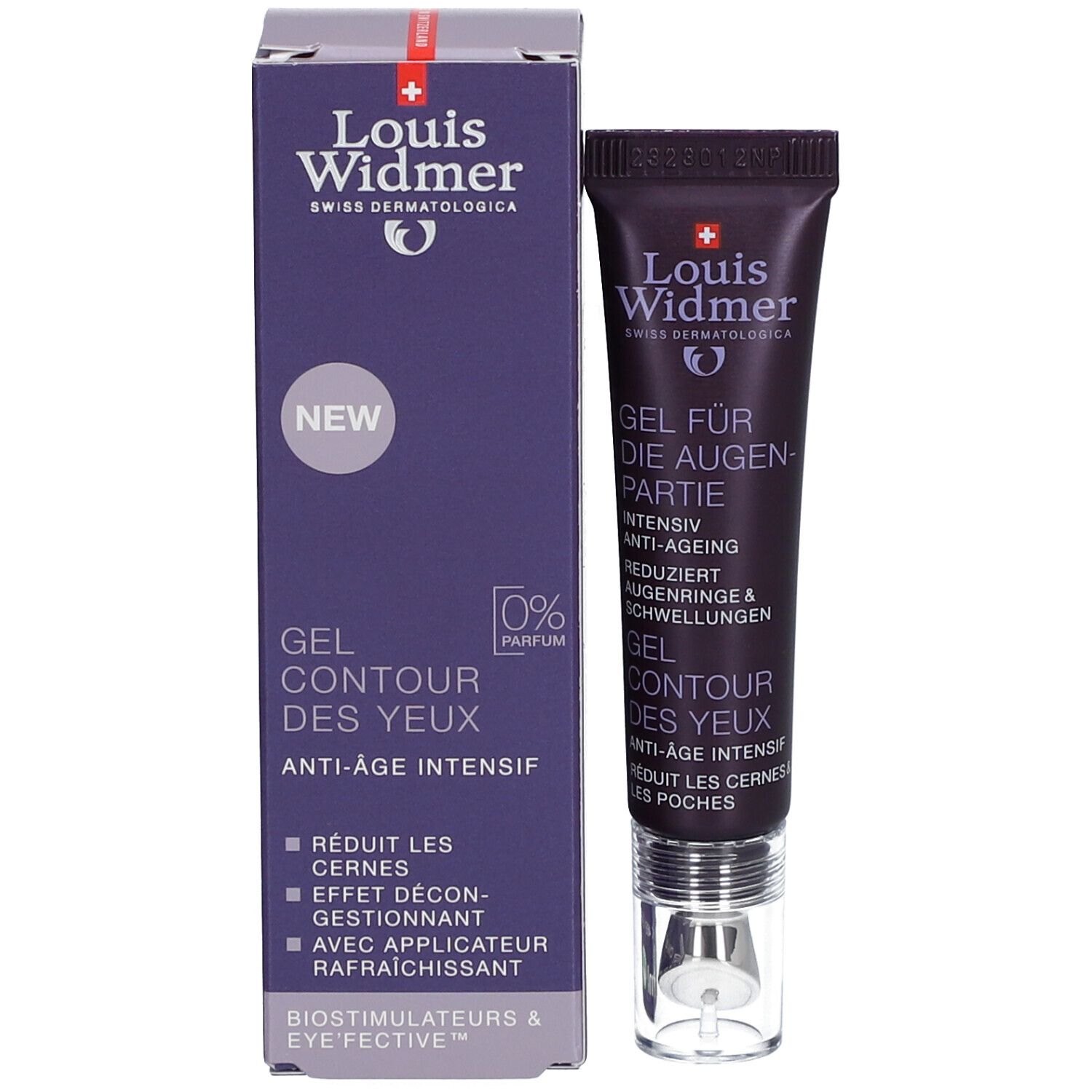 Tube de gel pour les yeux avec emballage. Texte: Louis Widmer, Gel contour des yeux, anti-âge intensif. 0% parfum.
