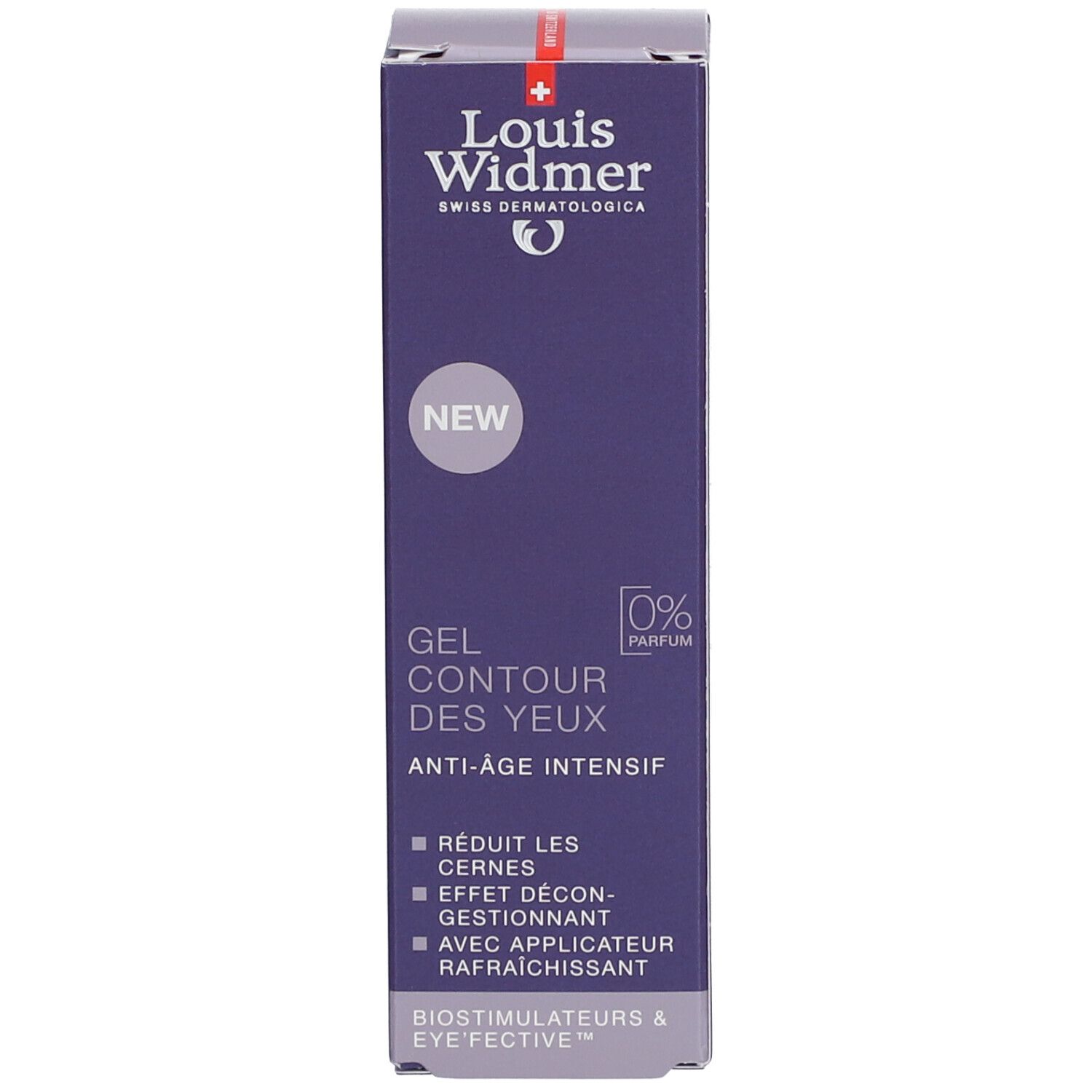 Emballage du tube de gel pour les yeux. Texte: Louis Widmer, Gel contour des yeux, anti-âge intensif. 0% parfum.