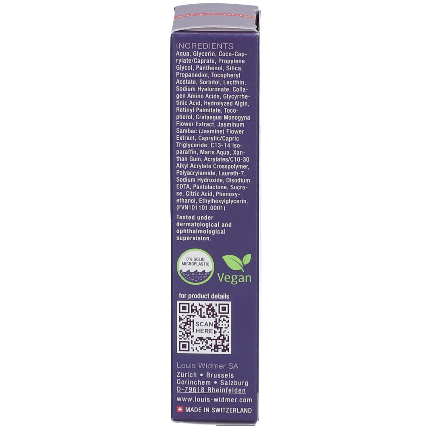 Emballage, ingrédients et logos. Texte: Vegan, 100% microplastique solide. Code QR. Fabriqué en Suisse.