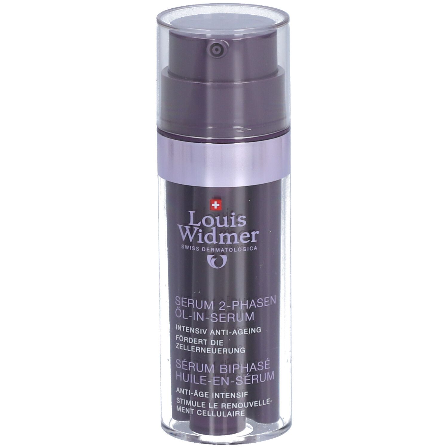 Donkerviolette fles met doseerpomp. Opschrift: Louis Widmer, Serum 2-fasen olie-in-serum, anti-ageing.