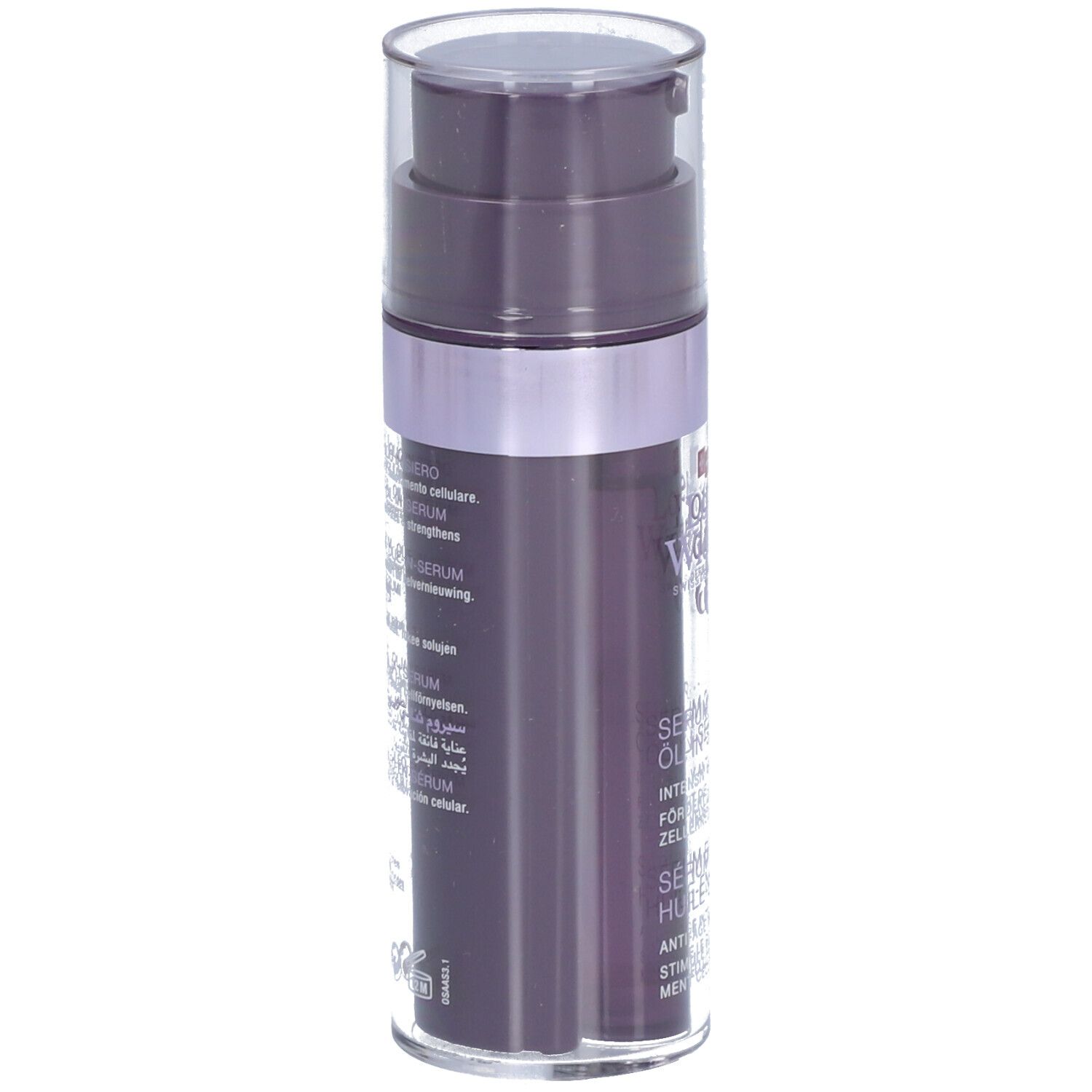 Donkerviolette fles met tekst. Opschrift: Serum 2-fasen olie-in-serum, anti-ageing, stimuleert celvernieuwing.